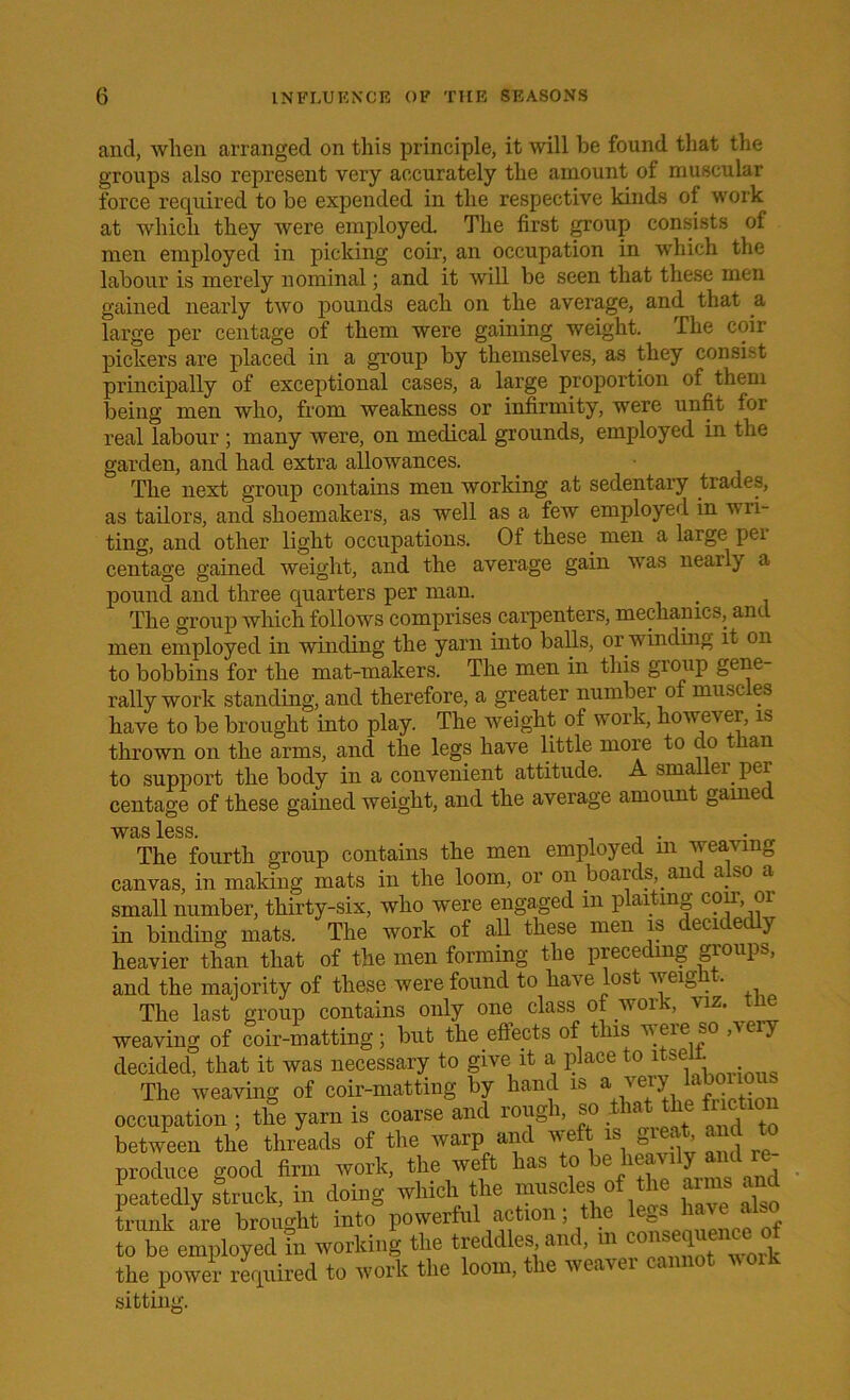 and, when arranged on this principle, it will be found that the groups also represent very accurately the amount of muscular force required to be expended in the respective kinds of work at which they were employed. The first group consists of men employed in picking coir, an occupation in which the labour is merely nominal; and it will be seen that these men gained nearly two pounds each on the average, and that a large per centage of them were gaining weight. The coir pickers are placed in a group by themselves, as they consist principally of exceptional cases, a large proportion of them being men who, from weakness or infirmity, were unfit for real labour ; many were, on medical grounds, employed in the garden, and had extra allowances. The next group contains men working at sedentary tiades, as tailors, and shoemakers, as well as a few employed in wri- ting, and other light occupations. Of these men a large pei centage gained weight, and the average gain was nearly a pound and three quarters per man. . The group which follows comprises carpenters, mechanics, ant men employed in winding the yarn into balls, or winding it on to bobbins for the mat-makers. The men in this group gene- rally work standing, and therefore, a greater number of muse es have to be brought into play. The weight of work, however, is thrown on the arms, and the legs have little more to do than to support the body in a convenient attitude. A smaller per centage of these gained weight, and the average amount game was less. The fourth group contains the men employed in wea-vmg canvas, in making mats in the loom, or on boards, and also a small number, thirty-six, who were engaged m plaiting coir or in binding mats. The work of all these men is decidedly heavier than that of the men forming the preceding groups, and the majority of these were found to have lost weight. The last group contains only one class of work, viz. tne weaving of coir-matting; but the effects of this were so /very decided, that it was necessary to give it a place to ltse11. The weaving of coir-matting by hand is a very lal oiious occupation ; the yarn is coarse and rough, so that the friction between the threads of the warp and weft is great j to produce good firm work, the weft has to belleavdy and e peatedly struck, in doing which the muscles of the aims and trunk are brought into powerful action, e = , f to be employed in working the treddies and, m the power required to work the loom, the weavei sitting.
