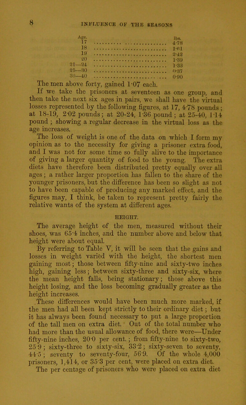 Ago. 17 lb 8. 18 10 20 21 —34 25—30 fi.*7 .*30—10 Tlie men above forty, gained T07 each. If we take the prisoners at seventeen as one group, and then take the next six ages in pairs, we shall have the virtual losses represented by the following figures, at 17, 4*78 pounds ; at 18-19, 2-02 pounds; at 20-24, 1 36 pound; at 25-40, 1T4 pound ; showing a regular decrease in the virtual loss as the age increases. The loss of weight is one of the data on which I form my opinion as to the necessity for giving a prisoner extra food, and I was not for some time so fully alive to the importance of giving a larger quantity of food to the young. The extra diets have therefore been distributed pretty equally over all ages; a rather larger proportion has fallen to the share of the younger prisoners, but the difference has been so slight as not to have been capable of producing any marked effect, and the figures may, I think, be taken to represent pretty fairly the relative wants of the system at different ages. HEIGHT. The average height of the men, measured without their shoes, was 65*4 inches, and the number above and below that height were about equal. By referring to Table Y, it will be seen that the gains and losses in weight varied with the height, the shortest men gaining most; those between fifty-nine and sixty-two inches high, gaining less; between sixty-three and sixty-six, where the mean height falls, being stationary; those above this height losing, and the loss becoming gradually greater as the height increases. These differences would have been much more marked, if the men had all been kept strictly to their ordinary diet; but it has always been found necessary to put a large proportion of the tall men on extra diet. Out of the total number who had more than the usual allowance of food, there were—Under fifty-nine inches, 20'0 per cent.; from fifty-nine to sixty-two, 25 9; sixty-three to sixty-six, 33 2; sixty-seven to seventy, 44'5 ; seventy to seventy-four, 56-9. Of the whole 4,000 prisoners, 1,414, or 353 per cent, were placed on extra diet. The per centage of prisoners who were placed on extra diet