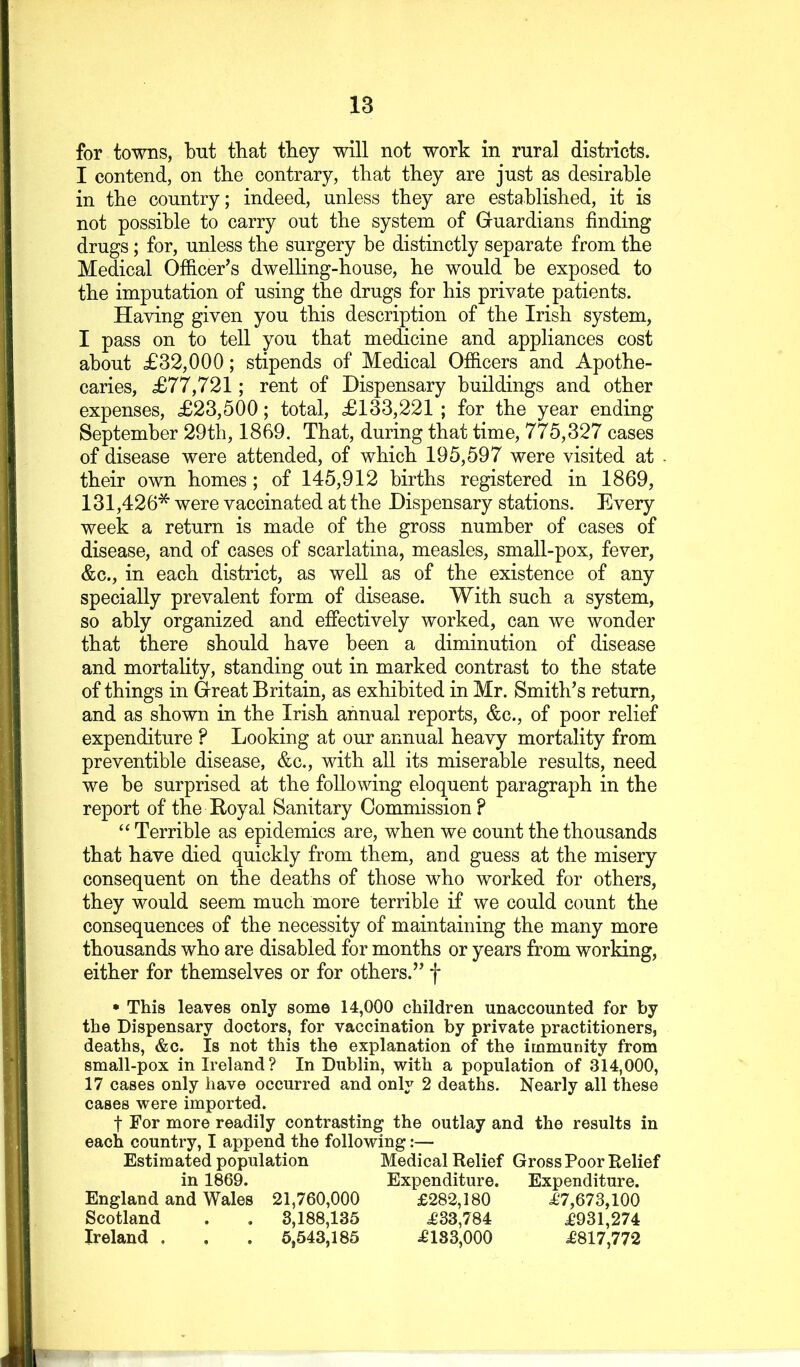 for towns, but that they will not work in rural districts. I contend, on the contrary, that they are just as desirable in the country; indeed, unless they are established, it is not possible to carry out the system of Guardians finding drugs; for, unless the surgery be distinctly separate from the Medical Ofiicer’s dwelling-house, he would be exposed to the imputation of using the drugs for his private patients. Having given you this description of the Irish system, I pass on to tell you that medicine and appliances cost about £32,000; stipends of Medical Officers and Apothe- caries, £77,721; rent of Dispensary buildings and other expenses, £23,500; total, £133,221 ; for the year ending September 29tb, 1869. That, during that time, 775,327 cases of disease were attended, of which 195,597 were visited at their own homes; of 145,912 births registered in 1869, 131,426* were vaccinated at the Dispensary stations. Every week a return is made of the gross number of cases of disease, and of cases of scarlatina, measles, small-pox, fever, &c., in each district, as well as of the existence of any specially prevalent form of disease. With such a system, so ably organized and effectively worked, can we wonder that there should have been a diminution of disease and mortality, standing out in marked contrast to the state of things in Great Britain, as exhibited in Mr. Smith’s return, and as shown in the Irish annual reports, &c., of poor relief expenditure ? Looking at our annual heavy mortality from preventible disease, &c., with all its miserable results, need we be surprised at the following eloquent paragraph in the report of the Royal Sanitary Commission ? “ Terrible as epidemics are, when we count the thousands that have died quickly from them, and guess at the misery consequent on the deaths of those who worked for others, they would seem much more terrible if we could count the consequences of the necessity of maintaining the many more thousands who are disabled for months or years from working, either for themselves or for others.” f • This leaves only some 14,000 children unaccounted for by the Dispensary doctors, for vaccination by private practitioners, deaths, &c. Is not this the explanation of the immunity from small-pox in Ireland? In Dublin, with a population of 314,000, 17 cases only have occurred and only 2 deaths. Nearly all these cases were imported. t For more readily contrasting the outlay and the results in each country, I append the following:— Estimated population Medical Relief Gross Poor Relief in 1869. Expenditure. Expenditure. England and Wales 21,760,000 £282,180 ^7,673,100 Scotland . . 3,188,135 £33,784 £931,274 Ireland . . . 6,543,185 £183,000 £817,772