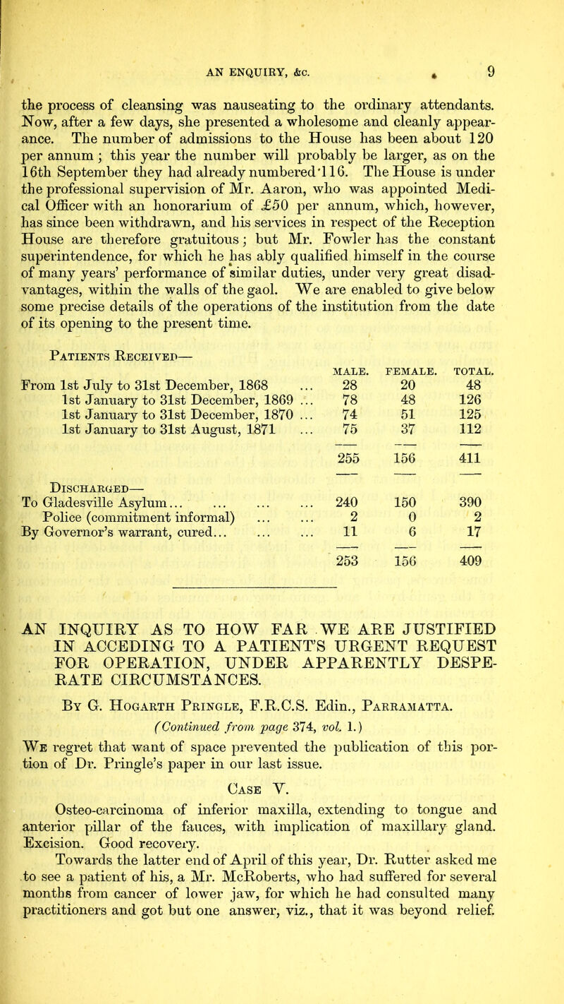 the process of cleansing was nauseating to the ordinary attendants. Now, after a few days, she presented a wholesome and cleanly appear- ance. The number of admissions to the House has been about 120 per annum ; this year the number will probably be larger, as on the 16th September they had already numbered'116. The House is under the professional supervision of Mr. Aaron, who was appointed Medi- cal Officer with an honorarium of £50 per annum, which, however, has since been withdrawn, and his services in respect of the Reception House are therefore gratuitous; but Mr. Fowler has the constant superintendence, for which he has ably qualified himself in the course of many years’ performance of similar duties, under very great disad- vantages, within the walls of the gaol. We are enabled to give below some precise details of the operations of the institution from the date of its opening to the present time. Patients Receiver— From 1st July to 31st December, 1868 1st January to 31st December, 1869 1st January to 31st December, 1870 1st January to 31st August, 1871 Discharoed— To Gladesville Asylum... Police (commitment informal) By Governor’s warrant, cured... male. FEMALE. TOTAL. 28 20 48 78 48 126 74 51 125 75 37 112 255 156 411 240 150 390 2 0 2 11 6 17 253 156 409 AN INQUIRY AS TO HOW FAR WE ARE JUSTIFIED IN ACCEDING TO A PATIENT’S URGENT REQUEST FOR OPERATION, UNDER APPARENTLY DESPE- RATE CIRCUMSTANCES. By G. Hogarth Pringle, F.R.C.S. Edin., Parramatta. (Continued from jpage 374, voL 1.) We regret that want of space prevented the pnblication of this por- tion of Dr. Pringle’s paper in our last issue. Case Y. Osteo-carcinoma of inferior maxilla, extending to tongue and anterior pillar of the fauces, with implication of maxillary gland. Excision. Good recovery. Towards the latter end of April of this year, Dr. Rutter asked me to see a patient of his, a Mr. McRoberts, who had suffered for several months from cancer of lower jaw, for which he had consulted many practitioners and got but one answer, viz., that it was beyond relief