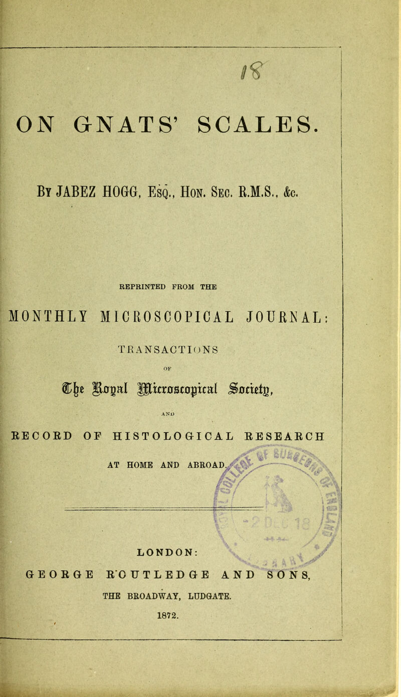 ON GNATS’ SCALES. Bt JABEZ HOGG, Esi. Hob. Sec. B.M.S.. fe. REPRINTED FROM THE flONTHLY MICROSCOPICAL JOURNAL TRANSACTKjNS glitrostopital Sotittg, jBECOED OF HISTOLOGICAL EESBARCH Syi'iA? AT HOME AlfD ABEOAD^^?^- r’>5/ . \<^k LONDON: OEOEGE EOUTLEDGE AN D SON S, THE BROADWAY, LUDOATE. 1872. fc ^ i y y WiMil't 'll ■'•