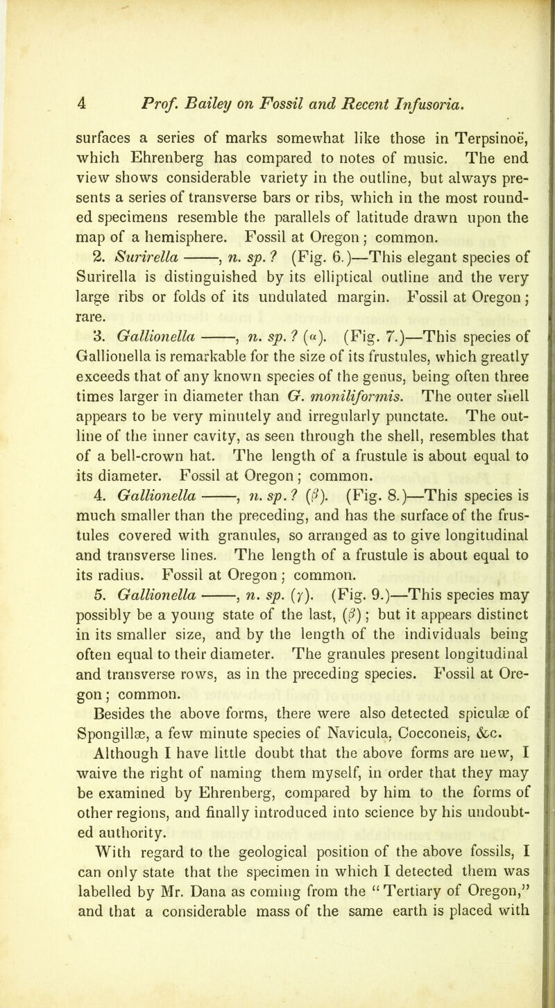 surfaces a series of marks somewhat like those in Terpsinoe, which Ehrenberg has compared to notes of music. The end view shows considerable variety in the outline, but always pre- sents a series of transverse bars or ribs, which in the most round- ed specimens resemble the parallels of latitude drawn upon the map of a hemisphere. Fossil at Oregon ; common. 2. Surirella , n. sp. ? (Pig. 6.)—This elegant species of Surirella is distinguished by its elliptical outline and the very large ribs or folds of its undulated margin. Fossil at Oregon; rare. 3. Gallionella , n. sp. ? («). (Fig. 7.)—This species of Gallionella is remarkable for the size of its frustules, which greatly exceeds that of any known species of the genus, being often three times larger in diameter than G. moniliformis. The outer shell appears to be very minutely and irregularly punctate. The out- line of the inner cavity, as seen through the shell, resembles that of a bell-crown hat. The length of a frustule is about equal to its diameter. Fossil at Oregon ; common. 4. Gallionella , Ji.sp.l ((?). (Pig. 8.)—This species is much smaller than the preceding, and has the surface of the frus- tules covered with granules, so arranged as to give longitudinal and transverse lines. The length of a frustule is about equal to its radius. Fossil at Oregon ; common. 5. Gallionella , n. sp. (/). (Fig. 9.)—This species may possibly be a young state of the last, ; but it appears distinct in its smaller size, and by the length of the individuals being often equal to their diameter. The granules present longitudinal and transverse rows, as in the preceding species. Fossil at Ore- gon ; common. Besides the above forms, there were also detected spiculae of Spongillae, a few minute species of Navicula, Cocconeis, &c. Although I have little doubt that the above forms are new, I waive the right of naming them myself, in order that they may be examined by Ehrenberg, compared by him to the forms of other regions, and finally introduced into science by his undoubt- ed authority. With regard to the geological position of the above fossils, I can only state that the specimen in which I detected them was labelled by Mr. Dana as coming from the “ Tertiary of Oregon,” and that a considerable mass of the same earth is placed with