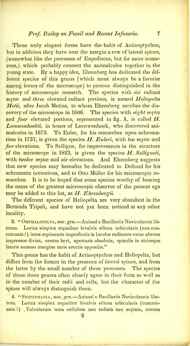 These truly elegant forms have the habit of Actinoptychus, but in addition they have near the margin a row of lateral spines, (somewhat like the processes of Eupodiscus, but far more nume- rous,) which probably connect the animalcules together in the young state. By a happy idea, Ehrenberg has dedicated the dif- ferent species of this genus (which must always be a favorite among lovers of the microscope) to persons distinguished in the history of microscopic research. The species with six radiant septas and three elevated radiant portions, is named Heliopelta Metii^ after Jacob Metius, to whom Ehrenberg ascribes the dis- covery of the microscope in 1606. The species with eight septaa and four elevated portions, represented in fig. A, is called H. Leeuwenhoekii,, in honor of Leeuwenhoek, who discovered ani- malcules in 1675. To Euler, for his researches upon achroma- tism in 1757, is given the species H. Euleri, with ten septa? and five elevations. To Selligue, for improvements in the structure of the microscope in 1823, is given the species H. Selligueii^ with twelve septse and six elevations. And Ehrenberg suggests that new species may hereafter be dedicated to Dollond for his achromatic inventions, and to Otto Muller for his microscopic re- searches. It is to be hoped that some species worthy of bearing the name of the greatest microscopic observer of the present age may be added to this list, as H. Ehrenhergii. The different species of Heliopelta are very abundant in the Bermuda Tripoli, and have not yet been noticed at any other locality. 3. “ Omphalopelta, nov. gen.—Animal e Bacillariis Naviculaceis lib- erum. Lorica simplex mqualiter bivalvis silicea orbicularis (non con- catenata.?) intus sepimentis imperfectis in loculos radiantes extus alterne impressos divisa, centro lasvi, aperturis obsoletis, spinulis in utriusque lateris summo margine raris erectis oppositis.” This genus has the habit of Actinoptychus and Heliopelta, but differs from the former in the presence of lateral spines, and from the latter by the small number of these processes. The species of these three genera often closely agree in their form as well as in the number of their radii and cells, but the character of the spines will always distinguish them. 4. “ Systephania, nov. gen.—Animal e Bacillariis Naviculaceis libe- rum. Lorica simplex sequaliter bivalvis silicea orbicularis (concate- nata?) ,Valvularum testa cellulosa nec radiata nec septata, corona 2