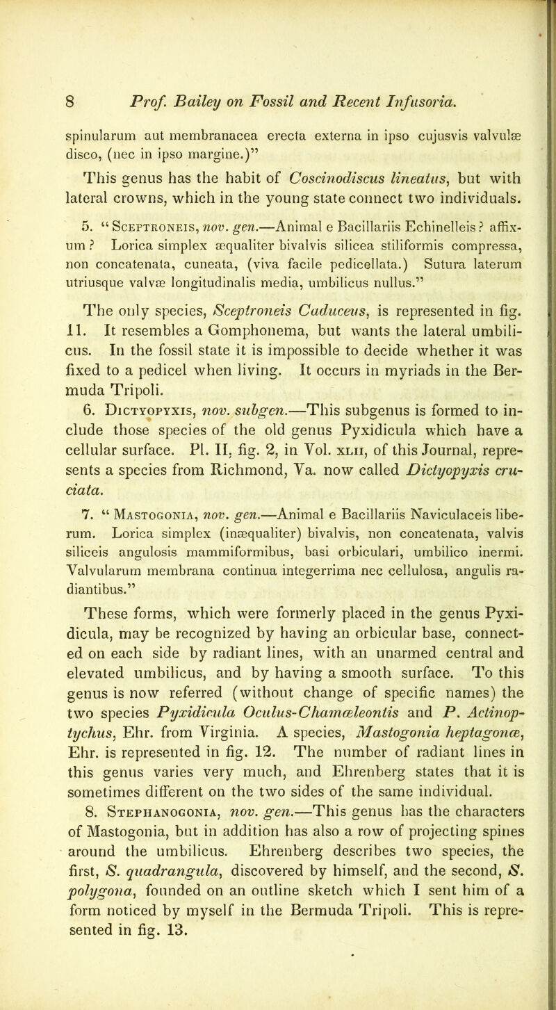 spinularum aut membranacea erecta externa in ipso cujusvis valvulse disco, (nec in ipso margine.)” This genus has the habit of Coscinodiscus lineatiis^ but with lateral crowns, which in the young state connect two individuals. 5. “ ScEPTRONEis, nov. gen.—Animal e Bacillariis Echinelleis ? affix- urn ? Lorica simplex mqualiter bivalvis silicea stiliformis compressa, non concatenata, cuneata, (viva facile pedicellata.) Sutura laterum utriusque valvee longitudinalis media, umbilicus nullus.” The only species, Sceptro7ieis Caducevs^ is represented in fig. 11. It resembles a Gomphonema, but wants the lateral umbili- cus. In the fossil state it is impossible to decide whether it was fixed to a pedicel when living. It occurs in myriads in the Ber- muda Tripoli. 6. Dictyopyxis, nov. subgen.—This subgenus is formed to in- clude those species of the old genus Pyxidicula which have a cellular surface. PI. II, fig. 2, in Yol. xlii, of this Journal, repre- sents a species from Richmond, Ya. now called Dictyopyxis cru~ data. 7. “ Mastogonia, nov. gen.—Animal e Bacillariis Naviculaceis libe- rum. Lorica simplex (insequaliter) bivalvis, non concatenata, valvis siliceis angulosis mammiformibus, basi orbiculari, umbilico inermi. Valvularum membrana continua integerrima nec cellulosa, angulis ra- diantibus.” These forms, which were formerly placed in the genus Pyxi- dicula, may be recognized by having an orbicular base, connect- ed on each side by radiant lines, with an unarmed central and elevated umbilicus, and by having a smooth surface. To this genus is now referred (without change of specific names) the two species Pyxidicula Ocuius-Chamceleontis and P. Actinop- iychus.^ Ehr. from Yirginia. A species, Mastogonia heptagoncE^ Ehr. is represented in fig. 12. The number of radiant lines in this genus varies very much, and Ehrenberg states that it is sometimes different on the two sides of the same individual. 8. Stephanogonia, nov. gen.—This genus has the characters of Mastogonia, but in addition has also a row of projecting spines around the umbilicus. Ehrenberg describes two species, the first, <S*. quadrangular discovered by himself, and the second, iS*. polygonar founded on an outline sketch which I sent him of a form noticed by myself in the Bermuda Tripoli. This is repre- sented in fig. 13.