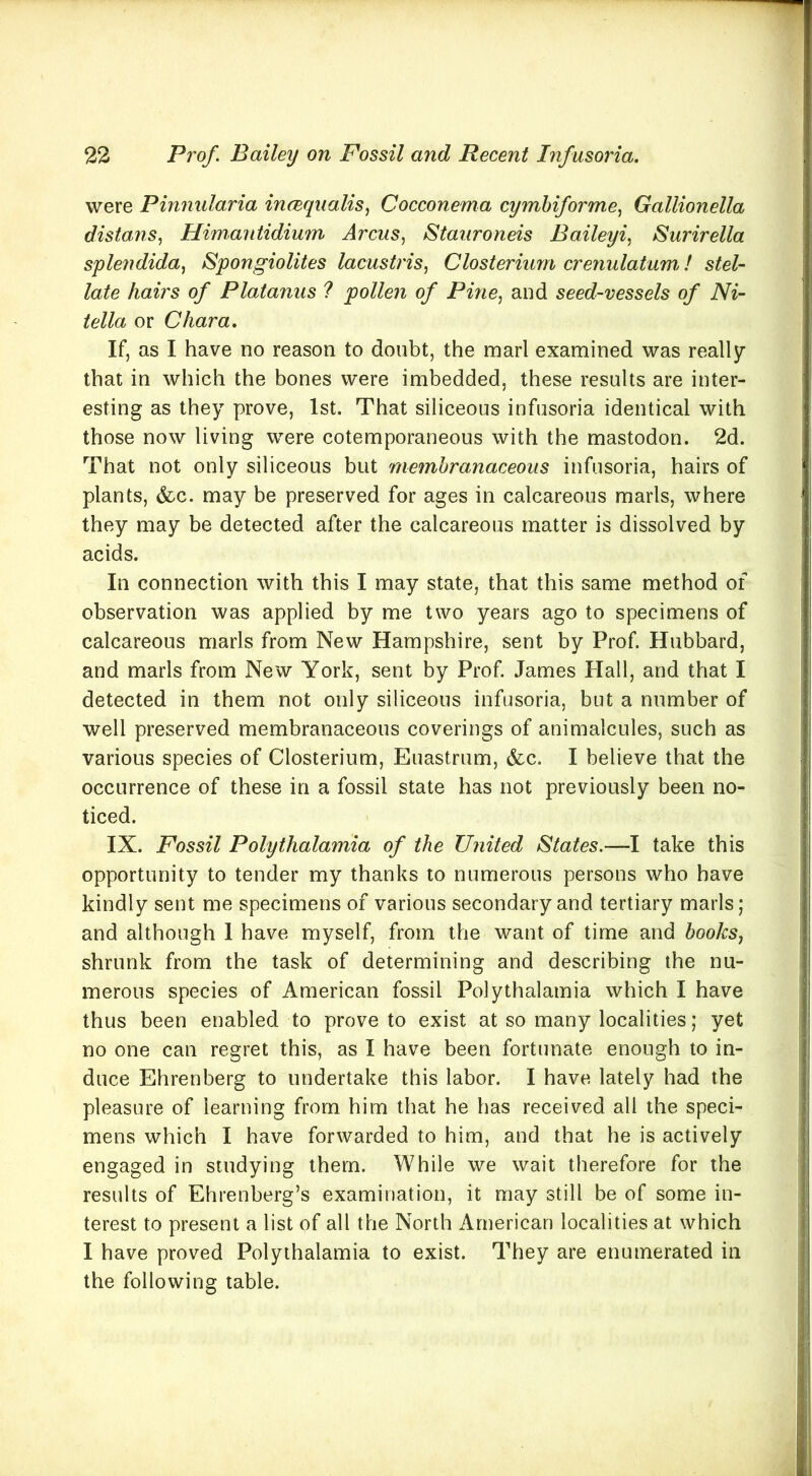 were Pinnularia in(Bqualis^ Cocconema cymhiforme^ Gallionella distafis, Himantidium Arcus^ Stauroneis Baileyi, Surirella spleridida^ Spongiolites lacustris, Closterium crenulatum,! stel- late hairs of Platanus 1 pollen of Pine^ and seed-vessels of Ni- tella or Char a. If, as I have no reason to doubt, the marl examined was really that in which the bones were imbedded, these results are inter- esting as they prove, 1st. That siliceous infusoria identical with those now living were cotemporaneous with the mastodon. 2d. That not only siliceous but membranaceous infusoria, hairs of plants, &c. may be preserved for ages in calcareous marls, where they may be detected after the calcareous matter is dissolved by acids. In connection with this I may state, that this same method of observation was applied by me two years ago to specimens of calcareous marls from New Hampshire, sent by Prof. Hubbard, and marls from New York, sent by Prof. James Hall, and that I detected in them not only siliceous infusoria, but a number of well preserved membranaceous coverings of animalcules, such as various species of Closterium, Euastrum, &c. I believe that the occurrence of these in a fossil state has not previously been no- ticed. IX. Fossil Polythalamia of the United States.—I take this opportunity to tender my thanks to numerous persons who have kindly sent me specimens of various secondary and tertiary marls; and although I have myself, from the want of time and hooks, shrunk from the task of determining and describing the nu- merous species of American fossil Polythalamia which I have thus been enabled to prove to exist at so many localities; yet no one can regret this, as I have been fortunate enough to in- duce Ehrenberg to undertake this labor. I have lately had the pleasure of learning from him that he has received all the speci- mens which I have forwarded to him, and that he is actively engaged in studying them. While we wait therefore for the results of Ehrenberg’s examination, it may still be of some in- terest to present a list of all the North American localities at which I have proved Polythalamia to exist. They are enumerated in the following table.