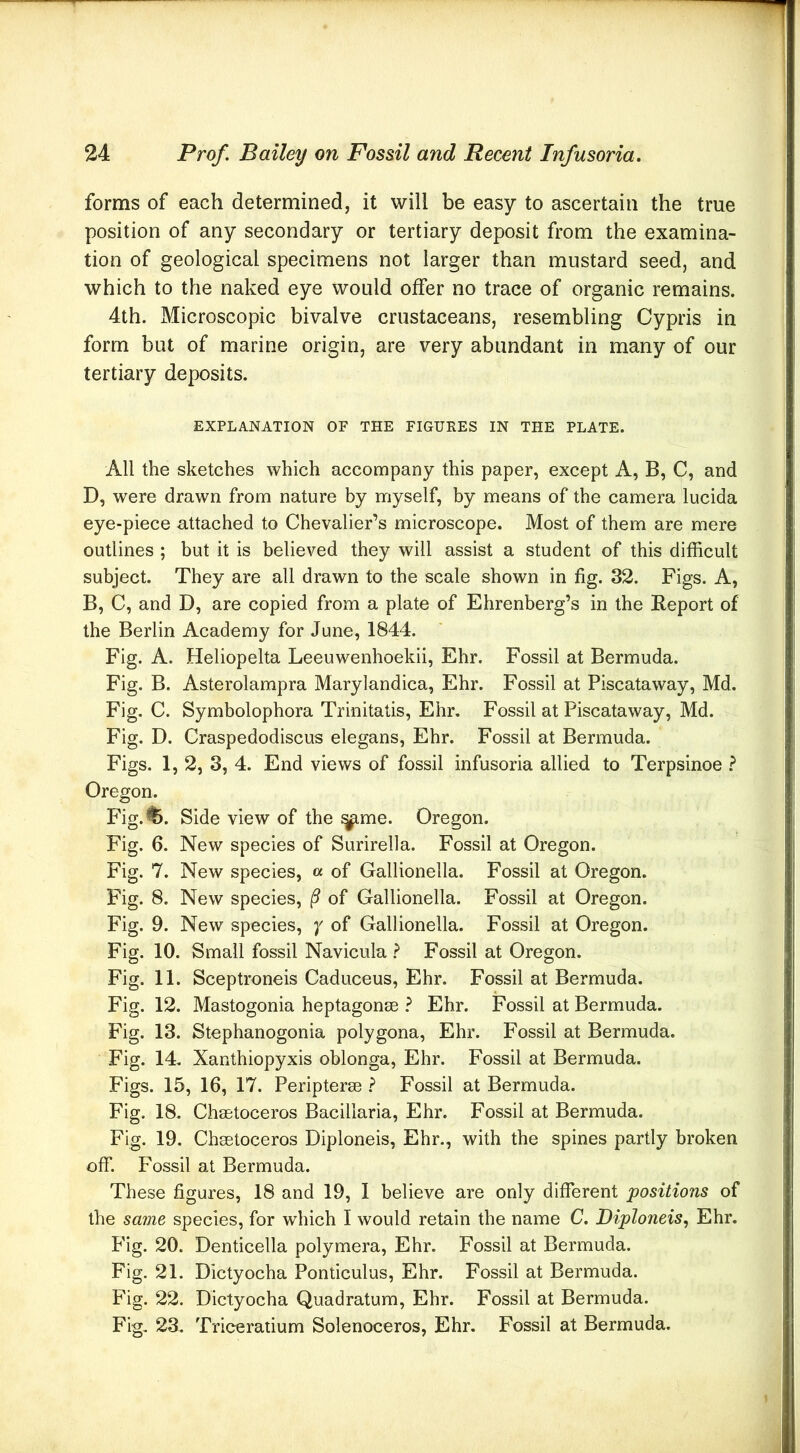 forms of each determined, it will be easy to ascertain the true position of any secondary or tertiary deposit from the examina- tion of geological specimens not larger than mustard seed, and which to the naked eye would offer no trace of organic remains. 4th. Microscopic bivalve crustaceans, resembling Cypris in form but of marine origin, are very abundant in many of our tertiary deposits. EXPLANATION OF THE FIGURES IN THE PLATE. All the sketches which accompany this paper, except A, B, C, and D, were drawn from nature by myself, by means of the camera lucida eye-piece attached to Chevalier’s microscope. Most of them are mere outlines ; but it is believed they will assist a student of this difficult subject. They are all drawn to the scale shown in fig. 32. Figs. A, B, C, and D, are copied from a plate of Ehrenberg’s in the Report of the Berlin Academy for June, 1844. Fig. A. Heliopelta Leeuwenhoekii, Ehr. Fossil at Bermuda. Fig. B. Asterolampra Marylandica, Ehr. Fossil at Piscataway, Md. Fig. C. Symbolophora Trinitatis, Ehr. Fossil at Piscataway, Md. Fig. D. Craspedodiscus elegans, Ehr. Fossil at Bermuda. Figs. 1, 2, 3, 4. End views of fossil infusoria allied to Terpsinoe Oregon. Fig.^. Side view of the ^me. Oregon. Fig. 6. New species of Surirella. Fossil at Oregon. Fig. 7. New species, a of Gallionella. Fossil at Oregon. Fig. 8. New species, ^ of Gallionella. Fossil at Oregon. Fig. 9. New species, y of Gallionella. Fossil at Oregon. Fig. 10. Small fossil Navicula ? Fossil at Oregon. Fig. 11. Sceptroneis Caduceus, Ehr. Fossil at Bermuda. Fig. 12. Mastogonia heptagonsD } Ehr. Fossil at Bermuda. Fig. 13. Stephanogonia polygona, Ehr. Fossil at Bermuda. Fig. 14. Xanthiopyxis oblonga, Ehr. Fossil at Bermuda. Figs. 15, 16, 17. Peripterse ? Fossil at Bermuda. Fig. 18. Cheetoceros Bacillaria, Ehr. Fossil at Bermuda. Fig. 19. Cheetoceros Diploneis, Ehr., with the spines partly broken off. Fossil at Bermuda. These figures, 18 and 19, I believe are only different positions of the same species, for which I would retain the name C. Diploneis., Ehr. P'ig. 20. Denticella polymera, Ehr. Fossil at Bermuda. Fig. 21. Dictyocha Ponticulus, Ehr. Fossil at Bermuda. Fig. 22. Dictyocha Quadratum, Ehr. Fossil at Bermuda. Fig. 23. Triceratium Solenoceros, Ehr. Fossil at Bermuda.