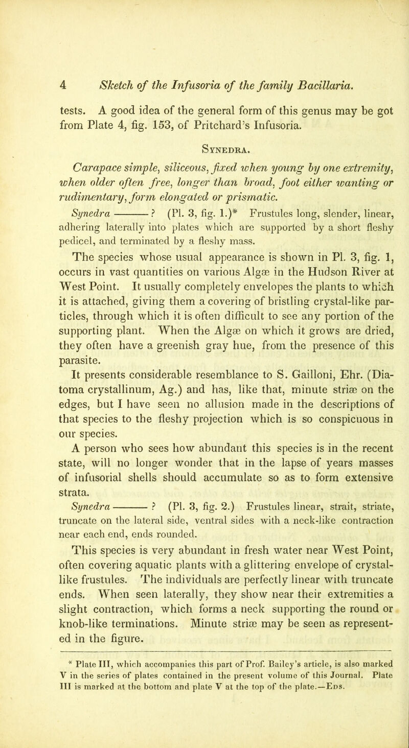tests. A good idea of the general form of this genus may be got from Plate 4, fig. 153, of Pritchard’s Infusoria. Synedra. Carapace simple, siliceous, fixed when young by one extremity, when older often free, longer than broad, foot either wanting or rudimentary, form elongated or prismatic. Synedra ? (PI. 3, fig. 1.)* Frustules long, slender, linear, adhering laterally into plates which are supported by a short fleshy pedicel, and terminated by a fleshy mass. The species whose usual appearance is shown in PL 3, fig. 1, occurs in vast quantities on various Algae in the Hudson River at West Point. It usually completely envelopes the plants to which it is attached, giving them a covering of bristling crystal-like par- ticles, through which it is often difficult to see any portion of the supporting plant. When the Algae on which it grows are dried, they often have a greenish gray hue, from the presence of this parasite. It presents considerable resemblance to S. Gailloni, Ehr. (Dia- toma crystallinum, Ag.) and has, like that, minute striae on the edges, but I have seen no allusion made in the descriptions of that species to the fleshy projection which is so conspicuous in our species. A person who sees how abundant this species is in the recent state, will no longer wonder that in the lapse of years masses of infusorial shells should accumulate so as to form extensive strata. Synedra ? (PL 3, fig. 2.) Frustules linear, strait, striate, truncate on the lateral side, ventral sides with a neck-like contraction near each end, ends rounded. This species is very abundant in fresh water near West Point, often covering aquatic plants with a glittering envelope of crystal- like frustules. The individuals are perfectly linear with truncate ends. When seen laterally, they show near their extremities a slight contraction, which forms a neck supporting the round or knob-like terminations. Minute striae may be seen as represent- ed in the figure. * Plate III, which accompanies this part of Prof. Bailey’s article, is also marked V in the series of plates contained in the present volume of this Journal. Plate III is marked at the bottom and plate V at the top of the plate.—Eds.