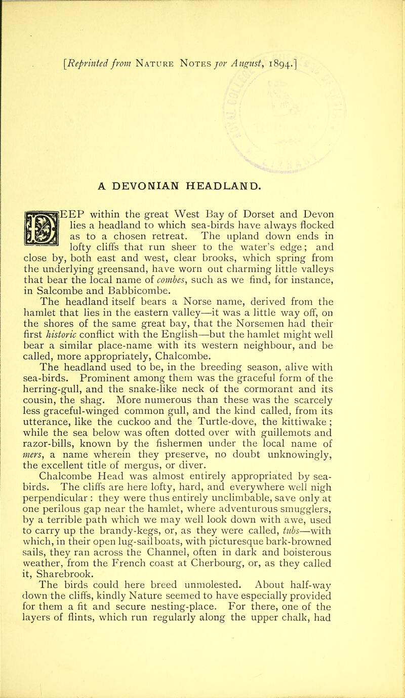 [Reprinted from Nature jor A ugust, 1894.] A DEVONIAN HEADLAND. EP within the great West Bay of Dorset and Devon lies a headland to which sea-birds have always flocked as to a chosen retreat. The upland down ends in lofty cliff's that run sheer to the water’s edge; and close by, both east and west, clear brooks, which spring from the underlying greensand, have worn out charming little valleys that bear the local name of combes, such as we find, for instance, in Salcombe and Babbicombe. The headland itself bears a Norse name, derived from the hamlet that lies in the eastern valley—it was a little way off, on the shores of the same great bay, that the Norsemen had their first historic conflict with the English—but the hamlet might well bear a similar place-name with its western neighbour, and be called, more appropriately, Chalcombe. The headland used to be, in the breeding season, alive with sea-birds. Prominent among them was the graceful form of the herring-gull, and the snake-like neck of the cormorant and its cousin, the shag. More numerous than these was the scarcely less graceful-winged common gull, and the kind called, from its utterance, like the cuckoo and the Turtle-dove, the kittiwake ; while the sea below was often dotted over with guillemots and razor-bills, known by the fishermen under the local name of mers, a name wherein they preserve, no doubt unknowingly, the excellent title of mergus, or diver. Chalcombe Head was almost entirely appropriated by sea- birds. The cliff's are here lofty, hard, and everywhere well nigh perpendicular : they were thus entirely unclimbable, save only at one perilous gap near the hamlet, where adventurous smugglers, by a terrible path which we may well look down with awe, used to carry up the brandy-kegs, or, as they were called, Uihs—with which, in their open lug-sailboats, with picturesque bark-browned sails, they ran across the Channel, often in dark and boisterous weather, from the French coast at Cherbourg, or, as they called it, Sharebrook. The birds could here breed unmolested. About half-way down the cliff's, kindly Nature seemed to have especially provided for them a fit and secure nesting-place. For there, one of the layers of flints, which run regularly along the upper chalk, had
