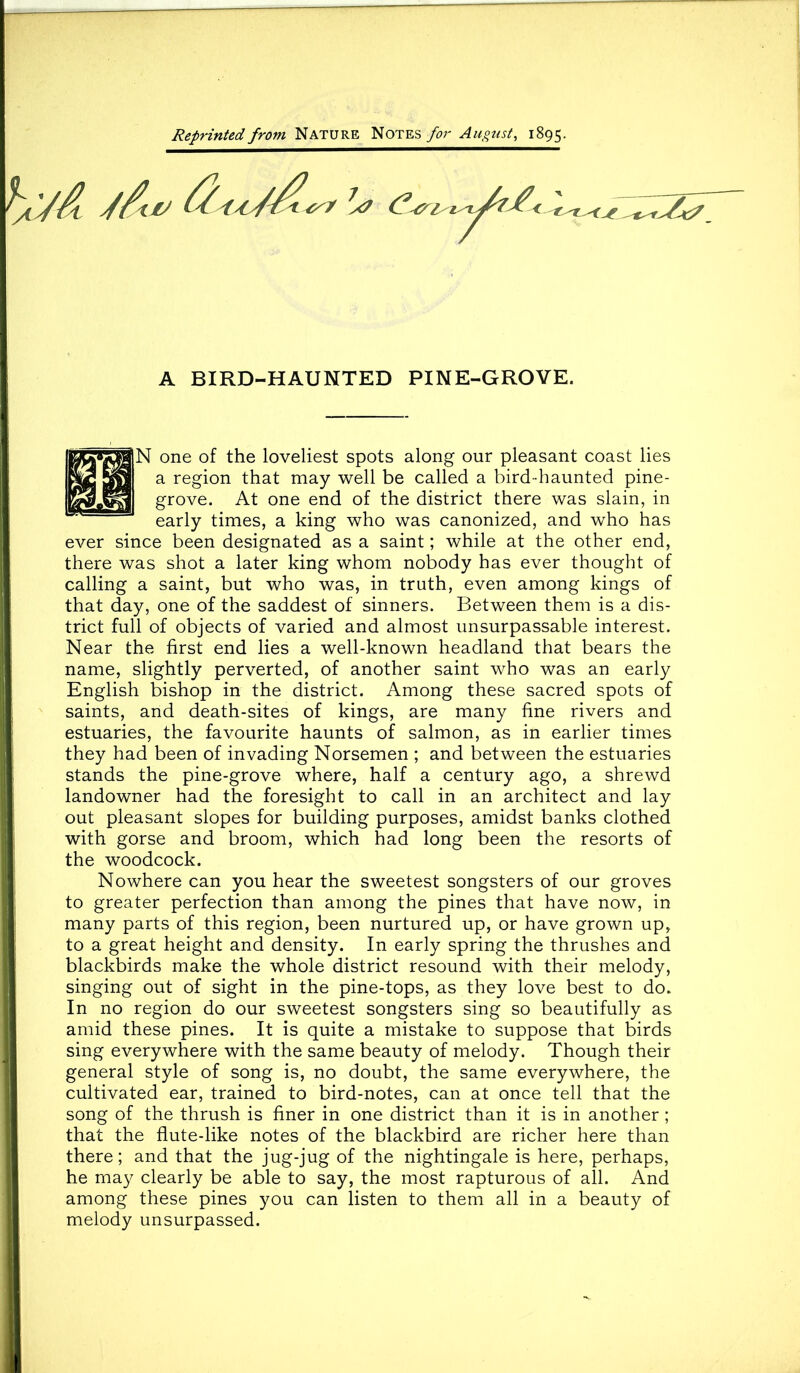 Reprinted from Nature Notes for August, 1895. A BIRD-HAUNTED PINE-GROVE. one of the loveliest spots along our pleasant coast lies ^ region that may well be called a bird-haunted pine- grove. At one end of the district there was slain, in early times, a king who was canonized, and who has ever since been designated as a saint; while at the other end, there was shot a later king whom nobody has ever thought of calling a saint, but who was, in truth, even among kings of that day, one of the saddest of sinners. Between them is a dis- trict full of objects of varied and almost unsurpassable interest. Near the first end lies a well-known headland that bears the name, slightly perverted, of another saint who was an early English bishop in the district. Among these sacred spots of saints, and death-sites of kings, are many fine rivers and estuaries, the favourite haunts of salmon, as in earlier times they had been of invading Norsemen ; and between the estuaries stands the pine-grove where, half a century ago, a shrewd landowner had the foresight to call in an architect and lay out pleasant slopes for building purposes, amidst banks clothed with gorse and broom, which had long been the resorts of the woodcock. Nowhere can you hear the sweetest songsters of our groves to greater perfection than among the pines that have now, in many parts of this region, been nurtured up, or have grown up, to a great height and density. In early spring the thrushes and blackbirds make the whole district resound with their melody, singing out of sight in the pine-tops, as they love best to do. In no region do our sweetest songsters sing so beautifully as amid these pines. It is quite a mistake to suppose that birds sing everywhere with the same beauty of melody. Though their general style of song is, no doubt, the same everywhere, the cultivated ear, trained to bird-notes, can at once tell that the song of the thrush is finer in one district than it is in another ; that the flute-like notes of the blackbird are richer here than there; and that the jug-jug of the nightingale is here, perhaps, he may clearly be able to say, the most rapturous of all. And among these pines you can listen to them all in a beauty of melody unsurpassed.