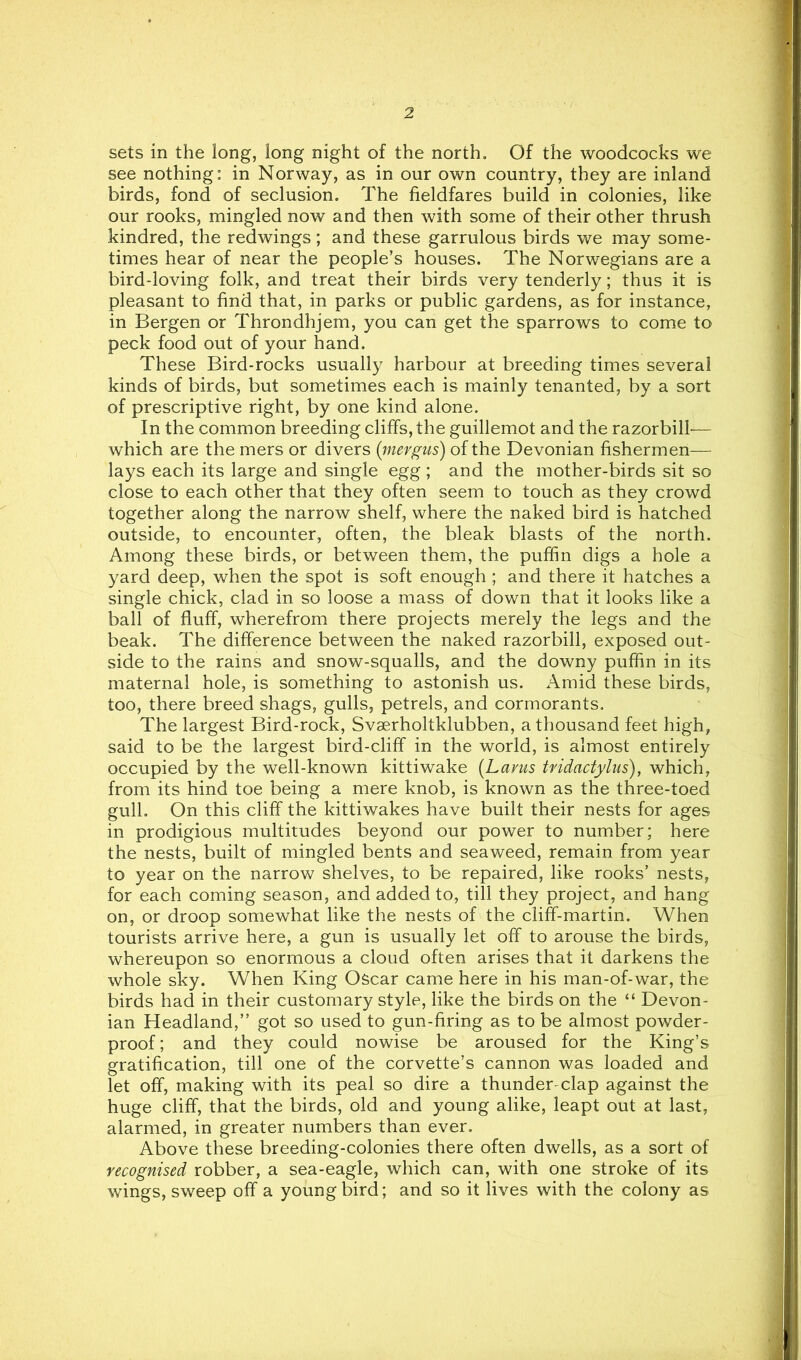 sets in the long, long night of the north. Of the woodcocks we see nothing: in Norway, as in our own country, they are inland birds, fond of seclusion. The fieldfares build in colonies, like our rooks, mingled now and then with some of their other thrush kindred, the redwings; and these garrulous birds we may some- times hear of near the people’s houses. The Norwegians are a bird-loving folk, and treat their birds very tenderly; thus it is pleasant to find that, in parks or public gardens, as for instance, in Bergen or Throndhjem, you can get the sparrows to come to peck food out of your hand. These Bird-rocks usually harbour at breeding times several kinds of birds, but sometimes each is mainly tenanted, by a sort of prescriptive right, by one kind alone. In the common breeding cliffs, the guillemot and the razorbill-— which are the mers or divers {mergus) of the Devonian fishermen— lays each its large and single egg ; and the mother-birds sit so close to each other that they often seem to touch as they crowd together along the narrow shelf, where the naked bird is hatched outside, to encounter, often, the bleak blasts of the north. Among these birds, or between them, the puffin digs a hole a yard deep, when the spot is soft enough ; and there it hatches a single chick, clad in so loose a mass of down that it looks like a ball of fluff, wherefrom there projects merely the legs and the beak. The difference between the naked razorbill, exposed out- side to the rains and snow-squalls, and the downy puffin in its maternal hole, is something to astonish us. Amid these birds, too, there breed shags, gulls, petrels, and cormorants. The largest Bird-rock, Svaerholtklubben, a thousand feet high, said to be the largest bird-cliff in the world, is almost entirely occupied by the well-known kittiwake [Larus tridactyliis), which, from its hind toe being a mere knob, is known as the three-toed gull. On this cliff the kittiwakes have built their nests for ages in prodigious multitudes beyond our power to number; here the nests, built of mingled bents and seaweed, remain from year to year on the narrow shelves, to be repaired, like rooks’ nests, for each coming season, and added to, till they project, and hang on, or droop somewhat like the nests of the cliffy-martin. When tourists arrive here, a gun is usually let off to arouse the birds, whereupon so enormous a cloud often arises that it darkens the whole sky. When King Oscar came here in his man-of-war, the birds had in their customary style, like the birds on the “ Devon- ian Headland,” got so used to gun-firing as to be almost powder- proof ; and they could nowise be aroused for the King’s gratification, till one of the corvette’s cannon was loaded and let off, making with its peal so dire a thunder-clap against the huge cliff, that the birds, old and young alike, leapt out at last, alarmed, in greater numbers than ever. Above these breeding-colonies there often dwells, as a sort of recognised robber, a sea-eagle, which can, with one stroke of its wings, sweep off a young bird; and so it lives with the colony as