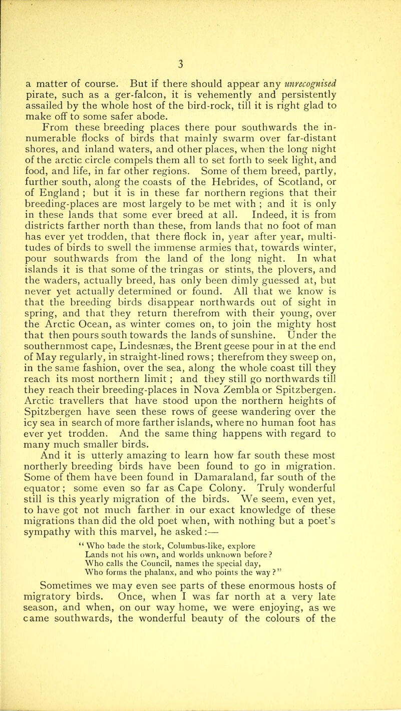 a matter of course. But if there should appear any unrecognised pirate, such as a ger-falcon, it is vehemently and persistently assailed by the whole host of the bird-rock, till it is right glad to make off to some safer abode. From these breeding places there pour southwards the in- numerable flocks of birds that mainly swarm over far-distant shores, and inland waters, and other places, when the long night of the arctic circle compels them all to set forth to seek light, and food, and life, in far other regions. Some of them breed, partly, further south, along the coasts of the Hebrides, of Scotland, or of England ; but it is in these far northern regions that their breeding-places are most largely to be met with ; and it is only in these lands that some ever breed at all. Indeed, it is from districts farther north than these, from lands that no foot of man has ever yet trodden, that there flock in, year after year, multi- tudes of birds to swell the immense armies that, towards winter, pour southwards from the land of the long night. In what islands it is that some of the tringas or stints, the plovers, and the waders, actually breed, has only been dimly guessed at, but never yet actually determined or found. All that we know is that the breeding birds disappear northwards out of sight in spring, and that they return therefrom with their young, over the Arctic Ocean, as winter comes on, to join the mighty host that then pours south towards the lands of sunshine. Under the southernmost cape, Lindesnaes, the Brent geese pour in at the end of May regularly, in straight-lined rows; therefrom they sweep on, in the same fashion, over the sea, along the whole coast till they reach its most northern limit ; and they still go northwards till they reach their breeding-places in Nova Zembla or Spitzbergen. Arctic travellers that have stood upon the northern heights of Spitzbergen have seen these rows of geese wandering over the icy sea in search of more farther islands, where no human foot has ever yet trodden. And the same thing happens with regard to many much smaller birds. And it is utterly amazing to learn how far south these most northerly breeding birds have been found to go in migration. Some of them have been found in Damaraland, far south of the equator; some even so far as Cape Colony. Truly wonderful still is this yearly migration of the birds. We seem, even yet, to have got not much farther in our exact knowledge of these migrations than did the old poet when, with nothing but a poet’s sympathy with this marvel, he asked:— “ Who bade the stork, Columbus-like, explore Lands not his own, and worlds unknown before? Who calls the Council, names the special day. Who forms the phalanx, and who points the way ?” Sometimes we may even see parts of these enormous hosts of migratory birds. Once, when I was far north at a very late season, and when, on our way home, we were enjoying, as we came southwards, the wonderful beauty of the colours of the