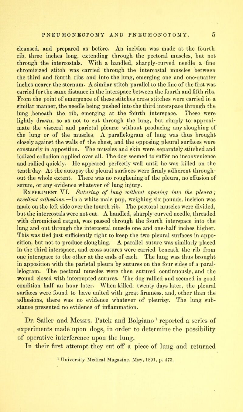 cleansed, and prepared as before. An incision was made at the fourth rib, three inches long, extending through the pectoral muscles, but not through the intercostals. With a handled, sharply-curved needle a fine chromicized stitch was carried through the intercostal muscles between the third and fourth ribs and into the lung, emerging one and one-quarter inches nearer the sternum. A similar stitch parallel to the line of the first was carried for the same distance in the interspace between the fourth and fifth ribs. From the point of emergence of these stitches cross stitches were carried in a similar manner, the needle being pushed into the third interspace through the lung beneath the rib, emerging at the fourth interspace. These were lightly drawn, so as not to cut through the lung, but simply to approxi- mate the visceral and parietal pleurae without producing any sloughing of the lung or of the muscles. A parallelogram of lung was thus brought closely against the walls of the chest, and the opposing pleural surfaces were constantly in apposition. The muscles and skin were separately stitched and iodized collodion applied over all. The dog seemed to suffer no inconvenience and rallied quickly. He appeared perfectly well until he was killed on the tenth day. At the autopsy the pleural surfaces were firmly adherent through- out the whole extent. There was no roughening of the pleura, no effusion of serum, or any evidence whatever of lung injury. Experiment VI. Suturing of lung without opening into the pleura; excellent adhesions.—In a white male pup, weighing six pounds, incision was made on the left side over the fourth rib. The pectoral muscles were divided, but the intercostals were not cut. A handled, sharply-curved needle, threaded with chromicized catgut, was passed through the fourth interspace into the lung and out through the intercostal muscle one and one-half inches higher. This was tied just sufficiently tight to keep the two pleural surfaces in appo- sition, but not to produce sloughing. A parallel suture was similarly placed in the third interspace, and cross sutures were carried beneath the rib from one interspace to the other at the ends of each. The lung was thus brought in apposition with the parietal pleura by sutures on the four sides of a paral- lelogram. The pectoral muscles were then sutured continuously, and the wound closed with interrupted sutures. The dog rallied and seemed in good condition half an hour later. When killed, twenty days later, the pleural surfaces were found to have united with great firmness, and, other than the adhesions, there was no evidence whatever of pleurisy. The lung sub- stance presented no evidence of inflammation. Dr. Sailer and Messrs. Patek and Bolgiano ^ reported a series of experiments made upon dogs, in order to determine the possibility of operative interference upon the lung. In their first attempt they cut otf a piece of lung and returned 1 University Medical Magazine, May, 1891, p. 473.