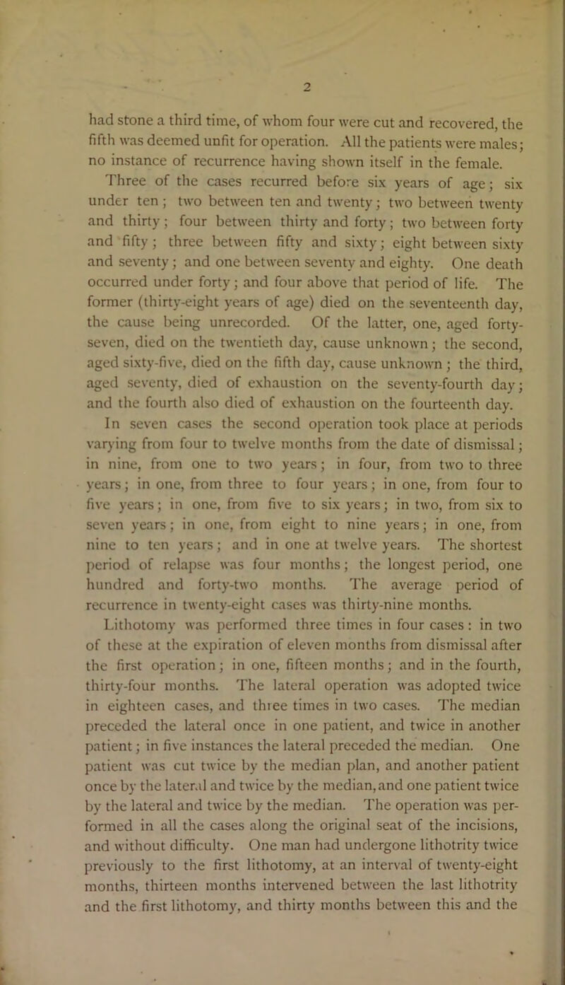 had stone a third time, of whom four were cut and recovered, the fifth was deemed unfit for operation. All the patients were males: no instance of recurrence having shown itself in the female. Three of the cases recurred before six years of age; six under ten ; two between ten and twenty; two between twenty and thirty; four between thirty and forty; two between forty and fifty; three between fifty and sixty; eight between sixty and seventy; and one between seventy and eighty. One death occurred under forty; and four above that period of life. The former (thirty-eight years of age) died on the seventeenth day, the cause being unrecorded. Of the latter, one, aged forty- seven, died on the twentieth day, cause unknown; the second, aged sixty-five, died on the fifth day, cause unknown ; the third, aged seventy, died of exhaustion on the seventy-fourth day; and the fourth also died of exhaustion on the fourteenth day. In seven cases the second operation took place at periods varying from four to twelve months from the date of dismissal; in nine, from one to two years; in four, from two to three years; in one, from three to four years; in one, from four to five years; in one, from five to six years; in two, from six to seven years; in one, from eight to nine years; in one, from nine to ten years; and in one at twelve years. The shortest period of relapse was four months; the longest period, one hundred and forty-two months. The average period of recurrence in twenty-eight cases was thirty-nine months. Lithotomy was performed three times in four cases : in two of these at the expiration of eleven months from dismissal after the first operation; in one, fifteen months; and in the fourth, thirty-four months. The lateral operation was adopted twice in eighteen cases, and three times in two cases. The median preceded the lateral once in one patient, and twice in another patient; in five instances the lateral preceded the median. One patient was cut twice by the median plan, and another patient once by the lateral and twice by the median, and one patient twice by the lateral and twice by the median. The operation was per- formed in all the cases along the original seat of the incisions, and without difficulty. One man had undergone lithotrity twice previously to the first lithotomy, at an interval of twenty-eight months, thirteen months intervened between the last lithotrity and the first lithotomy, and thirty months between this and the