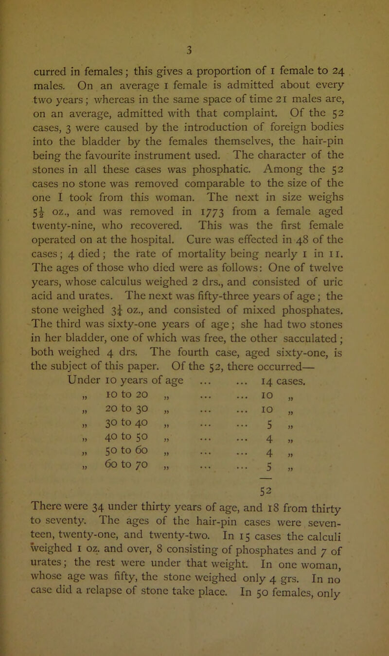 curred in females; this gives a proportion of I female to 24 males. On an average 1 female is admitted about every two years; whereas in the same space of time 21 males are, on an average, admitted with that complaint. Of the 52 cases, 3 were caused by the introduction of foreign bodies into the bladder by the females themselves, the hair-pin being the favourite instrument used. The character of the stones in all these cases was phosphatic. Among the 52 cases no stone was removed comparable to the size of the one I took from this woman. The next in size weighs 5J oz., and was removed in 1773 from a female aged twenty-nine, who recovered. This was the first female operated on at the hospital. Cure was effected in 48 of the cases; 4 died; the rate of mortality being nearly 1 in II. The ages of those who died were as follows: One of twelve years, whose calculus weighed 2 drs., and consisted of uric acid and urates. The next was fifty-three years of age; the stone weighed 3^ oz., and consisted of mixed phosphates. The third was sixty-one years of age; she had two stones in her bladder, one of which was free, the other sacculated; both weighed 4 drs. The fourth case, aged sixty-one the subject of this paper. Of the 52, there occurred— Under 10 years of age 14 cases. „ to to 20 „ ... 10 „ „ 20 to 30 „ ... 10 „ „ 30 to 40 „ ••• 5 „ „ 40 to 50 „ ... 4 „ „ 50 to 60 „ ••• 4 „ „ 60 to 70 „ • * ‘ » There were 34 under thirty years of age, and 18 from thirty to seventy. Ihe ages of the hair-pin cases were seven- teen, twenty-one, and twenty-two. In 15 cases the calculi weighed 1 oz. and over, 8 consisting of phosphates and 7 of urates; the rest were under that weight. In one woman, whose age was fifty, the stone weighed only 4 grs. In no case did a relapse of stone take place. In 50 females, only