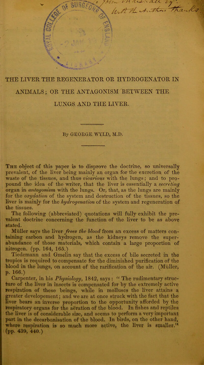 V ‘i THE LIVER THE REGENERATOR OR HYDROGENATOR IN ANIMALS; OR THE ANTAGONISM BETWEEN THE LUNGS AND THE LIVER. By GEOKGE WYLD, M.D. The object of this paper is to disprove the doctrine, so universally prevalent, of the liver being mainly an organ for the excretion of the waste of the tissues, and thus vicarious with the lungs; and to pro- pound the idea of the writer, that the liver is essentially a secreting organ in antagonism with the lungs. Or, that, as the lungs are mainly for the oxydation of the system and destruction of the tissues, so the liver is mainlj' for the hydrogenation of the system and regeneration of the tissues. The folloAving (abbreviated) quotations will fully exhibit the pre- valent doctrine concerning the function of the liver to be as above stated. Muller says the liver frees the Mood from an excess of matters con- taining carbon and hydrogen, as the kidneys remove the super- abundance of those materials, which contain a large proportion of nitrogen, (pp. 164, 165.) Tiedemann and Gmelin say that the excess of bile secreted in the tropics is required to compensate for the diminished purification of the blood in the lungs, on account of the rarification of the air. (Muller, p. 166.) Carpenter, in his Physiology, 1842, says : “ The rudimentary struc- ture of the liver in insects is compensated for by the extremely active respiration of these beings, while in molluscs the liver attains a greater developement; and we are at once struck with the fact that the ver bears an inverse proportion to the opportunity afforded by the respiratory organs for the aeration of the blood. In fishes and reptiles the liver is of considerable size, and seems to perform a very important part in the decarbonisation of the blood. In birds, on the other hand, w'here respiration is so much more active, the liver is smaller.” (pp. 439, 440.)