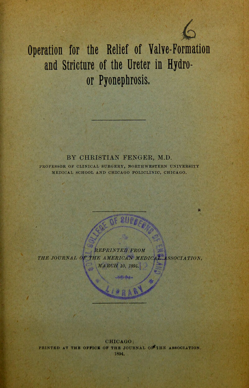 Operation for the Relief of Valve-Formation and Stricture of the Ureter in Hydro- or Pyonephrosis. BY CHRISTIAN FENGER, M.D. PROFESSOR OF CLINICAL SURGERY, NORTHWESTERN UNIVERSITY MEDICAL SCHOOL AND CHICAGO POLICLINIC, CHICAGO. iH Reprinted from THE .JOURNAL OF i'HE AMERICAN MEDICAL ASSOCIATION, MARCH 10, 1894. / a a CHICAGO: PRINTED AT THE OFFICE OF THE JOURNAL o0*THE ASSOCIATION. 1894.