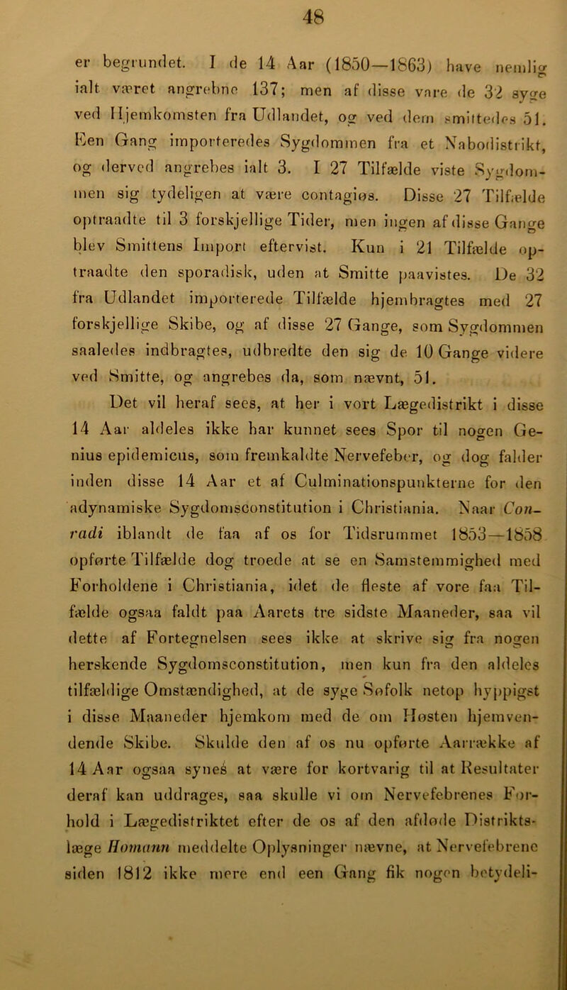 er begrundet. I de 14 Aar (1850—1863) have nemlig ialt været angrebne 137; men af disse vare de 32 syge ved Hjemkomsten fra Udlandet, og ved dem smittede« 51. Ken Gang importeredes Sygdommen fra et Nabodistrikt, og derved angrebes ialt 3. I 27 Tilfælde viste Sygdom- men sig tydeligen at være contagiøs. Disse 27 Tilfælde optraadte til 3 forskjellige Tider, men ingen af disse Gange blev Smittens Import eftervist. Kun i 21 Tilfælde op- traadte den sporadisk, uden at Smitte paavistes. De 32 fra Udlandet importerede Tilfælde hjembragtes med 27 forskjellige Skibe, og af disse 27 Gange, som Sygdommen saaledes indbragtes, udbredte den sig de 10 Gange videre ved Smitte, og angrebes da, som nævnt, 51. Det vil heraf sees, at her i vort Lægedistrikt i disse 14 Aar aldeles ikke har kunnet sees Spor til nogen Ge- nius epidemiens, som fremkaldte Nervefeber, og dog falder inden disse 14 Aar et af Culminationspunkterne for den adynamiske Sygdomsconstitution i Christiania. Naar Con- radi iblandt de faa af os for Tidsrummet 1853 —1858 opførte Tilfælde dog troede at se en Samstemmighed med Forholdene i Christiania, idet de fleste af vore faa Til- fælde ogsaa faldt paa Aarets tre sidste Maaneder, saa vil dette af Fortegnelsen sees ikke at skrive sig fra nogen herskende Sygdomsconstitution, men kun fra den aldeles tilfældige Omstændighed, at de syge Søfolk netop hyppigst i disse Maaneder hjemkom med de om Høsten hjemven- dende Skibe. Skulde den af os nu opførte Aarrække af 14 Aar ogsaa syneé at være for kortvarig til at Resultater deraf kan uddrages, saa skulle vi om Nervefebrenes For- hold i Lægedistriktet efter de os af den afdøde Distrikts- læge Hornann meddelte Oplysninger nævne, at Nervefebrene siden 1812 ikke mere end een Gang fik nogen betydeli-