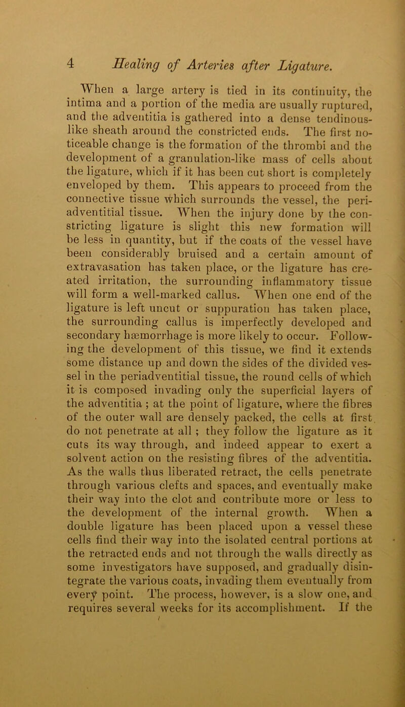 When a large artery is tied in its continuity, the intima and a portion of the media are usually ruptured, and the adventitia is gathered into a dense tendinous- like sheath around the constricted ends. The first no- ticeable change is the formation of the thrombi and the development of a granulation-like mass of cells about the ligature, which if it has been cut short is completely enveloped by them. This appears to proceed from the connective tissue which surrounds the vessel, the peri- adventitial tissue. When the injury done by the con- stricting ligature is slight this new formation will be less in quantity, but if the coats of the vessel have been considerably bruised and a certain amount of extravasation has taken place, or the ligature has cre- ated irritation, the surrounding inflammatory tissue will form a well-marked callus. When one end of the ligature is left uncut or suppuration has taken place, the surrounding callus is imperfectly developed and secondary haemorrhage is more likely to occur. Follow- ing the development of this tissue, we find it extends some distance up and down the sides of the divided ves- sel in the periadventitial tissue, the round cells of which it is composed invading only the superficial layers of the adventitia ; at the point of ligature, where the fibres of the outer wall are densely packed, the cells at first do not penetrate at all ; they follow the ligature as it cuts its way through, and indeed appear to exert a solvent action on the resisting fibres of the adventitia. As the walls thus liberated retract, the cells penetrate through various clefts and spaces, and eventually make their way into the clot and contribute more or less to the development of the internal growth. When a double ligature has been placed upon a vessel these cells find their way into the isolated central portions at the retracted ends and not through the walls directly as some investigators have supposed, and gradually disin- tegrate the various coats, invading them eventually from every point. The process, however, is a slow one, and requires several weeks for its accomplishment. If the