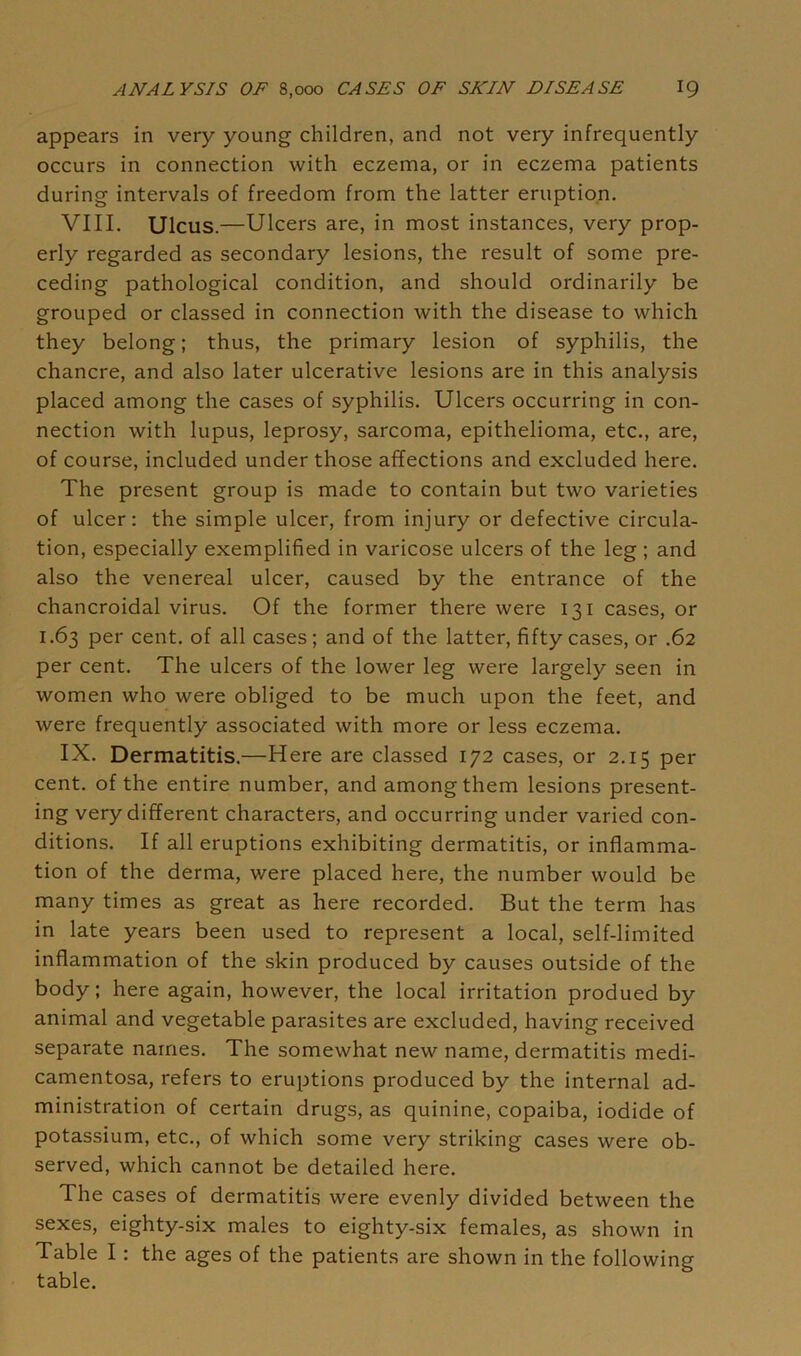 appears in very young children, and not very infrequently occurs in connection with eczema, or in eczema patients during intervals of freedom from the latter eruption. VIII. Ulcus.—Ulcers are, in most instances, very prop- erly regarded as secondary lesions, the result of some pre- ceding pathological condition, and should ordinarily be grouped or classed in connection with the disease to which they belong; thus, the primary lesion of syphilis, the chancre, and also later ulcerative lesions are in this analysis placed among the cases of syphilis. Ulcers occurring in con- nection with lupus, leprosy, sarcoma, epithelioma, etc., are, of course, included under those affections and excluded here. The present group is made to contain but two varieties of ulcer: the simple ulcer, from injury or defective circula- tion, especially exemplified in varicose ulcers of the leg ; and also the venereal ulcer, caused by the entrance of the chancroidal virus. Of the former there were 131 cases, or 1.63 per cent, of all cases; and of the latter, fifty cases, or .62 per cent. The ulcers of the lower leg were largely seen in women who were obliged to be much upon the feet, and were frequently associated with more or less eczema. IX. Dermatitis.—Here are classed 172 cases, or 2.15 per cent, of the entire number, and among them lesions present- ing very different characters, and occurring under varied con- ditions. If all eruptions exhibiting dermatitis, or inflamma- tion of the derma, were placed here, the number would be many times as great as here recorded. But the term has in late years been used to represent a local, self-limited inflammation of the skin produced by causes outside of the body; here again, however, the local irritation produed by animal and vegetable parasites are excluded, having received separate names. The somewhat new name, dermatitis medi- camentosa, refers to eruptions produced by the internal ad- ministration of certain drugs, as quinine, copaiba, iodide of potassium, etc., of which some very striking cases were ob- served, which cannot be detailed here. The cases of dermatitis were evenly divided between the sexes, eighty-six males to eighty-six females, as shown in Table I: the ages of the patients are shown in the following table.