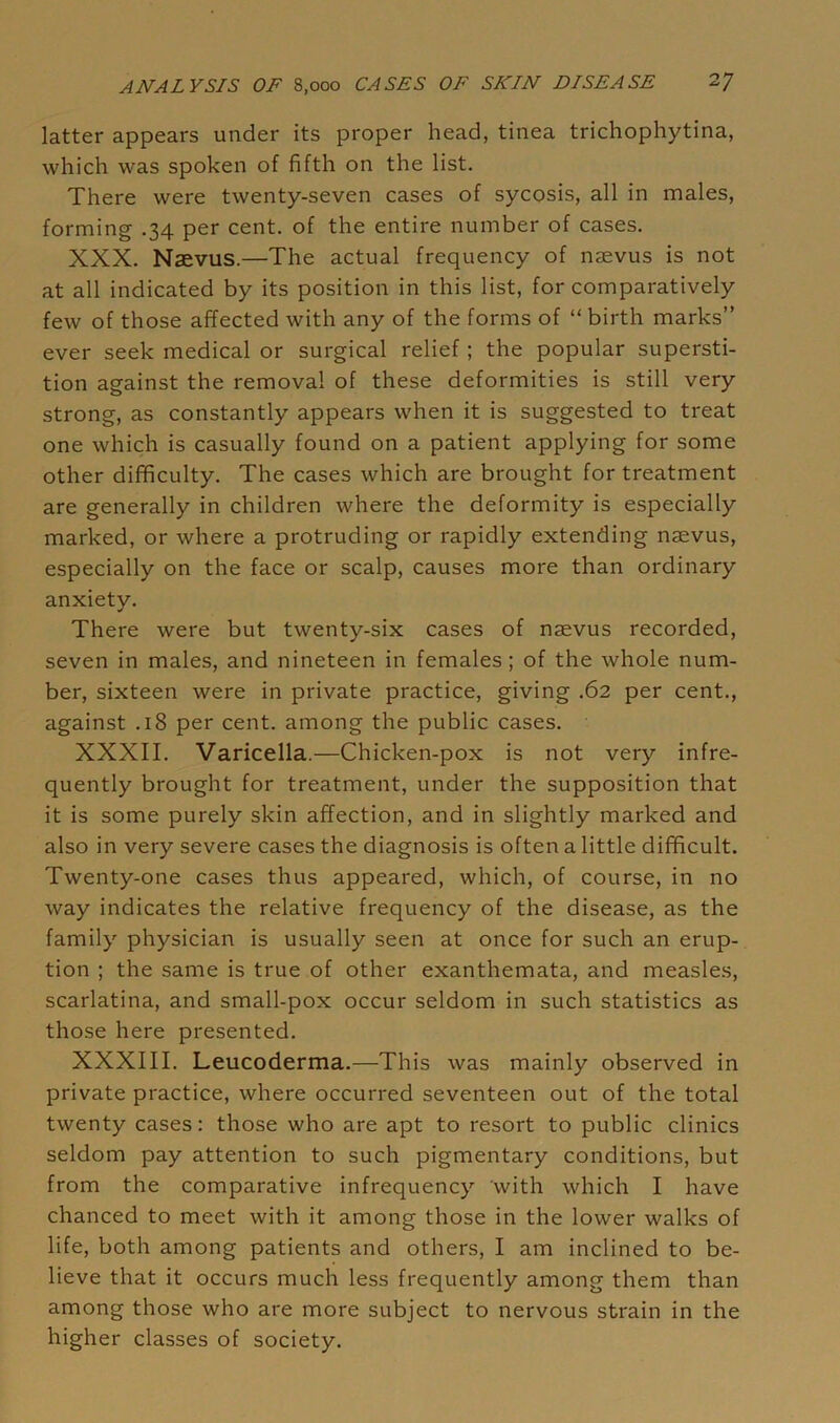 latter appears under its proper head, tinea trichophytina, which was spoken of fifth on the list. There were twenty-seven cases of sycosis, all in males, forming .34 per cent, of the entire number of cases. XXX. Naevus.—The actual frequency of naevus is not at all indicated by its position in this list, for comparatively few of those affected with any of the forms of “ birth marks” ever seek medical or surgical relief; the popular supersti- tion against the removal of these deformities is still very strong, as constantly appears when it is suggested to treat one which is casually found on a patient applying for some other difficulty. The cases which are brought for treatment are generally in children where the deformity is especially marked, or where a protruding or rapidly extending naevus, especially on the face or scalp, causes more than ordinary anxiety. There were but twenty-six cases of naevus recorded, seven in males, and nineteen in females; of the whole num- ber, sixteen were in private practice, giving .62 per cent., against .18 per cent, among the public cases. XXXII. Varicella.—Chicken-pox is not very infre- quently brought for treatment, under the supposition that it is some purely skin affection, and in slightly marked and also in very severe cases the diagnosis is often a little difficult. Twenty-one cases thus appeared, which, of course, in no way indicates the relative frequency of the disease, as the family physician is usually seen at once for such an erup- tion ; the same is true of other exanthemata, and measles, scarlatina, and small-pox occur seldom in such statistics as those here presented. XXXIII. Leucoderma.—This was mainly observed in private practice, where occurred seventeen out of the total twenty cases: those who are apt to resort to public clinics seldom pay attention to such pigmentary conditions, but from the comparative infrequency 'with which I have chanced to meet with it among those in the lower walks of life, both among patients and others, I am inclined to be- lieve that it occurs much less frequently among them than among those who are more subject to nervous strain in the higher classes of society.