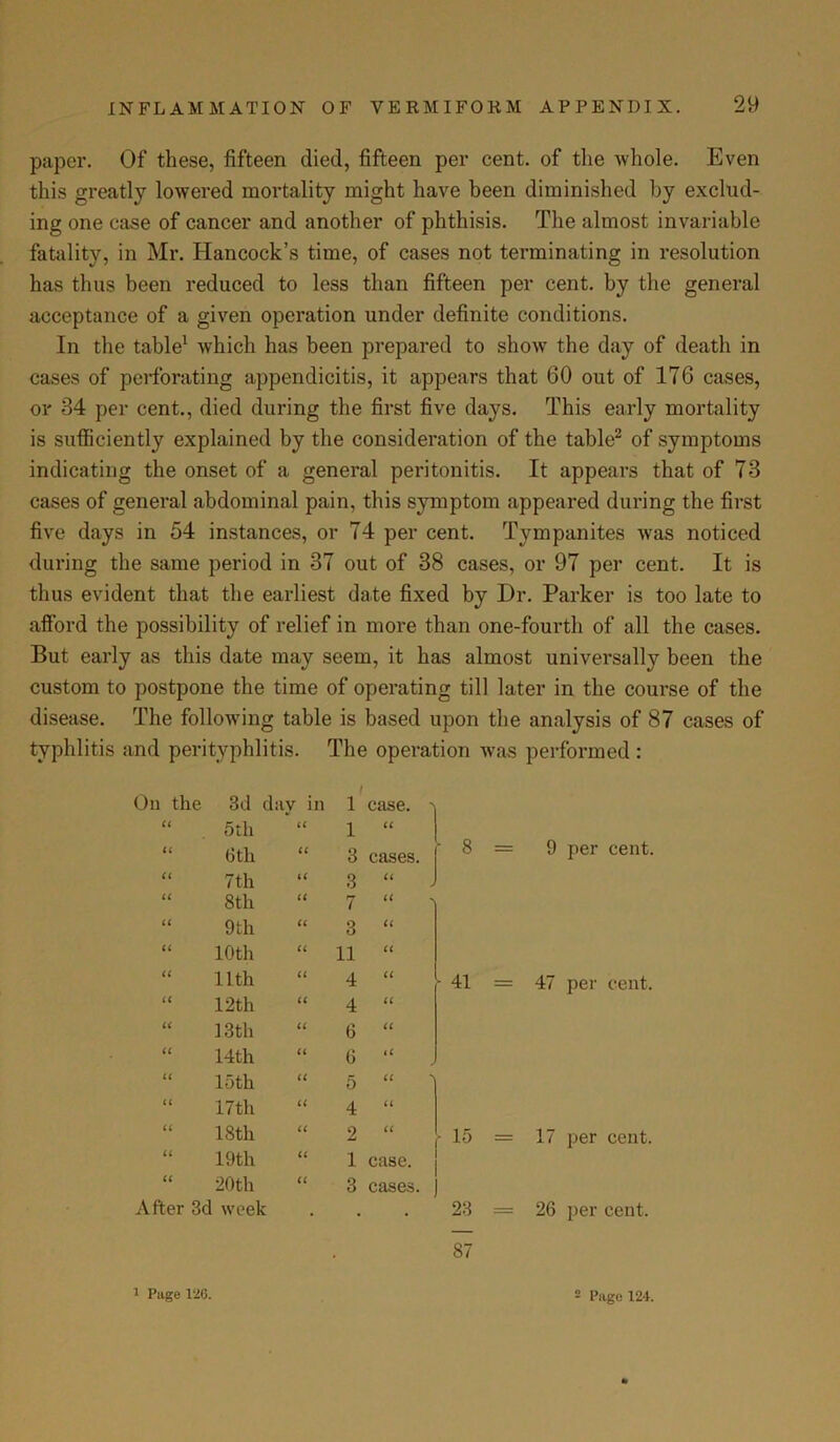 paper. Of these, fifteen died, fifteen per cent, of the whole. Even this greatly lowered mortality might have been diminished by exclud- ing one case of cancer and another of phthisis. The almost invariable fatality, in Mr. Hancock’s time, of cases not terminating in resolution has thus been reduced to less than fifteen per cent, by the general acceptance of a given operation under definite conditions. In the table1 which has been prepared to show the day of death in cases of perforating appendicitis, it appears that 60 out of 176 cases, or 34 per cent., died during the first five days. This early mortality is sufficiently explained by the consideration of the table2 of symptoms indicating the onset of a general peritonitis. It appears that of 73 cases of general abdominal pain, this symptom appeared during the first five days in 54 instances, or 74 per cent. Tympanites was noticed during the same period in 37 out of 38 cases, or 97 per cent. It is thus evident that the earliest date fixed by Dr. Parker is too late to afford the possibility of relief in more than one-fourth of all the cases. But early as this date may seem, it has almost universally been the custom to postpone the time of operating till later in the course of the disease. The following table is based upon the analysis of 87 cases of typhlitis and perityphlitis. The operation was performed : On the 3d day in 1 case. ' 5 th << 1 a 6tli a 3 cases. - 8 = 9 per cent. 7th 3 a 8th (( 7 u 'l 9 th u 3 u 10th a 11 it 11th (C 4 u - 41 -- 47 per cent. 12 th u 4 a 13 th a 6 a 14th a 6 l ( , 15 th (( 5 (( 17th u 4 a 18th U 2 it - 15 = 17 per cent. 19 th a 1 case. 20th (i 3 cases. week • • • 23 = 26 per cent. 87 1 Page 126. 2 Page 124.