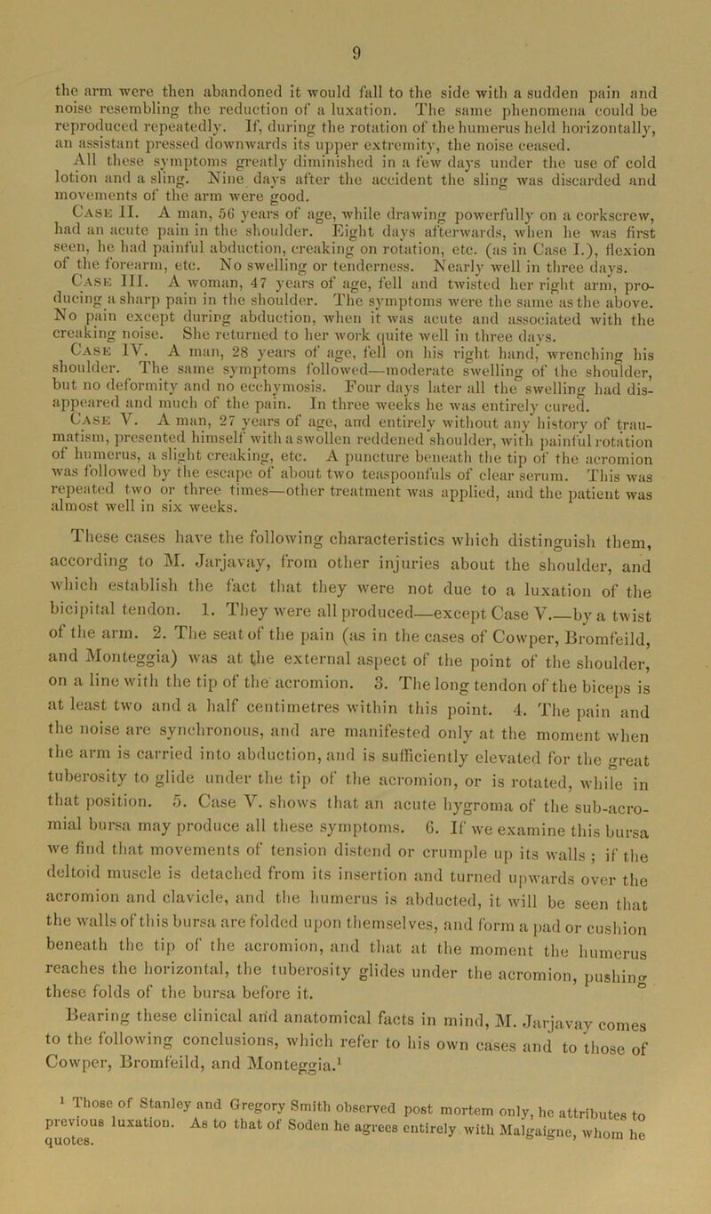 the arm were then abandoned it would fall to the side with a sudden pain and noise resembling the reduction of a luxation. The same phenomena could be reproduced repeatedly. If, during the rotation of the humerus held horizontally, an assistant pressed downwards its upper extremity, the noise ceased. All these symptoms greatly diminished in a few days under the use of cold lotion and a sling. Nine days after the accident the sling was discarded and movements of the arm were good. Cask II. A man, 56 years of age, while drawing powerfully on a corkscrew, had an acute pain in the shoulder. Eight days afterwards, when lie was first seen, he had painful abduction, creaking on rotation, etc. (as in Case I.), flexion of the forearm, etc. No swelling or tenderness. Nearly well in three days. Cask III. A woman, 47 years of age, fell and twisted her right arm, pro- ducing a sharp pain in the shoulder. The symptoms were the same as the above. No pain except during abduction, when it was acute and associated with the creaking noise. She returned to her work quite well in three days. Cask IV. A man, 28 years of age, fell on his right hand, wrenching his shoulder. The same symptoms followed—moderate swelling of the shoulder, but no deformity and no eechymosis. Four days later all the”swelling had dis- appeared and much of the pain. In three weeks he was entirely cured. Case V. A man, 27 years of age, and entirely without any history of trau- matism, presented himself with aswollen reddened shoulder, with painful rotation of humerus, a slight creaking, etc. A puncture beneath the tip of the acromion was followed by the escape of about two teaspoonfuls of clear serum. This was repeated two or three times—other treatment was applied, and the patient was almost well in six weeks. These cases have the following characteristics which distinguish them, according to M. Jarjavay, from other injuries about the shoulder, and which establish the fact that they were not due to a luxation of the bicipital tendon. 1. 1 hey were all produced—except Case V by a twist of the arm. 2. The seat of the pain (as in the cases of Cowper, Bromfeild, and Monteggia) was at the external aspect of the point of the shoulder, on a line with the tip of the acromion. 3. The long tendon of the biceps is at least two and a half centimetres within this point. 4. The pain and the noise are synchronous, and are manifested only at, the moment when the arm is carried into abduction, and is sufficiently elevated for the great tuberosity to glide under the tip of the acromion, or is rotated, while in that position. 5. Case V. shows that an acute hygroma of the sub-acro- mial bursa may produce all these symptoms. 6. If we examine this bursa we find that movements of tension distend or crumple up its walls ; if the deltoid muscle is detached from its insertion and turned upwards over the acromion and clavicle, and the humerus is abducted, it will be seen that the walls of this bursa are folded upon themselves, and form a pad or cushion beneath the tip of the acromion, and that at the moment the humerus reaches the horizontal, the tuberosity glides under the acromion, pushing these folds of the bursa before it. Bearing these clinical arid anatomical facts in mind, M. Jarjavay comes to the following conclusions, which refer to his own cases and to those of Cowper, Bromfeild, and Monteggia.1 i Those of Stanley and Gregory Smith observed post mortem only, he attributes to previous luxation. As to that of Soden he agrees entirely with Malgaigne, whom he