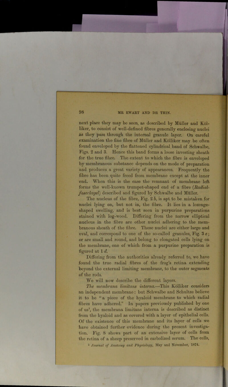 next place they may be seen, as described by Muller and Kol- liker, to consist of well-defined fibres generally enclosing nuclei as they pass through the internal granule layer. On careful examination the fine fibre of Muller and Kolliker may be often found enveloped by the flattened cylindrical band of Schwalbe, Figs. 2 and 3. Hence this band forms a loose investing sheath for the true fibre. The extent to which the fibre is enveloped by membranous substance depends on the mode of preparation and produces a great variety of appearances. Frequently the fibre has been quite freed from membrane except at the inner end. When this is the case the remnant of membrane left forms the well-known trumpet-shaped end of a fibre (Radial- faserkegel) described and figured by Schwalbe and Muller. The nucleus of the fibre, Fig. 2 b, is apt to be mistaken for nuclei lying on, but not in, the fibre. It lies in a lozenge- shaped swelling, and is best seen in purpurine preparations stained with log-Avood. Differing from the narrow elliptical nucleus in the fibre are other nuclei adhering to the mem- branous sheath of the fibre. These nuclei are either large and oval, and correspond to one of the so-called granules, Fig. 3 e; or are small and round, and belong to elongated cells lying on the membrane, one of which from a purpurine preparation is figured at 1 d. Differing from the authorities already referred to, we have found the true radial fibres of the frog’s retina extending beyond the external limiting membrane, to the outer segments of the rods. We will now describe the different layers. The membrana limitans interna.—This Kolliker considers an independent membrane : but ScliAvalbe and Schultze believe it to be “a piece of the hyaloid membrane to which radial fibres have adhered.” In papers previously published by one of us1, the membrana limitans interna is described as distinct from the hyaloid and as covered with a layer of epithelial cells. Of the existence of this membrane and its layer of cells we have obtained further evidence during the present investiga- tion. Fig. 8 shows part of an extensive layer of cells from the retina of a sheep preserved in carbolized serum. The cells, 1 Journal of Anatomy and Physiology, May and November, 1874.