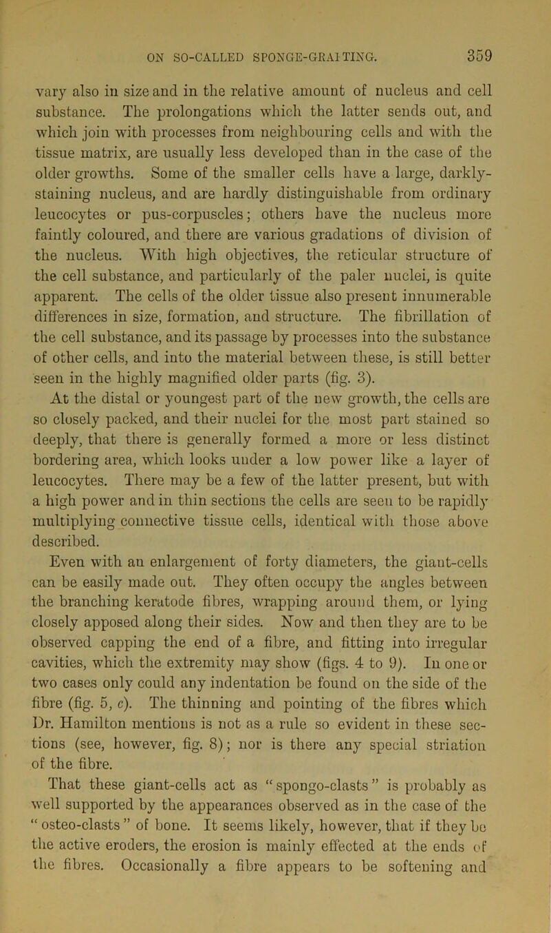 vary also in size and in the relative amount of nucleus and cell substance. The prolongations which the latter sends out, and which join wTith processes from neighbouring cells and with the tissue matrix, are usually less developed than in the case of the older growths. Some of the smaller cells have a large, darkly- staining nucleus, and are hardly distinguishable from ordinary leucocytes or pus-corpuscles; others have the nucleus more faintly coloured, and there are various gradations of division of the nucleus. With high objectives, the reticular structure of the cell substance, and particularly of the paler nuclei, is quite apparent. The cells of the older tissue also present innumerable differences in size, formation, and structure. The fibrillation of the cell substance, and its passage by processes into the substance of other cells, and into the material between these, is still better seen in the highly magnified older parts (fig. 3). At the distal or youngest part of the new growth, the cells are so closely packed, and their nuclei for the most part stained so deeply, that there is generally formed a more or less distinct bordering area, which looks uuder a low power like a layer of leucocytes. There may be a few of the latter present, but with a high power and in thin sections the cells are seen to be rapidly multiplying connective tissue cells, identical with those above described. Even with an enlargement of forty diameters, the giant-cells can be easily made out. They often occupy the angles between the branching keratode fibres, wrapping around them, or lying closely apposed along their sides. Now and then they are to be observed capping the end of a fibre, and fitting into irregular cavities, which the extremity may show (figs. 4 to 9). In one or two cases only could any indentation be found on the side of the fibre (fig. 5, c). The thinning and pointing of the fibres which Dr. Hamilton mentions is not as a rule so evident in these sec- tions (see, however, fig. 8); nor is there any special striation of the fibre. That these giant-cells act as “ spongo-clasts ” is probably as well supported by the appearances observed as in the case of the “ osteo-clasts ” of bone. It seems likely, however, that if they be the active eroders, the erosion is mainly effected at the ends of the fibres. Occasionally a fibre appears to be softening and