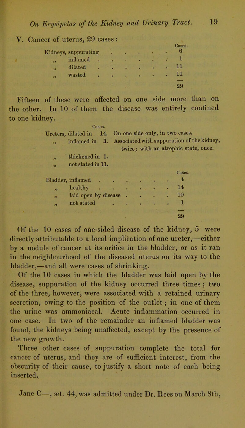 Cancer of uterus, 29 cases : Cases. Kidneys, suppurating 6 „ inflamed .... 1 „ dilated .... . 11 „ wasted .... . 11 29 Fifteen of these were affected on one side move than on the other. In 10 of them the disease was entirely confined to one kidney. Cases. Ureters, dilated hi 14. On one side only, in two cases. „ inflamed in 3. Associated with suppuration of the kidney, twice; with an atrophic state, once. „ thickened in 1. „ not stated in 11. Bladder, inflamed „ healthy „ laid open by disease . „ not stated Cases. 4 14 10 1 29 Of the 10 cases of one-sided disease of the kidney, 5 were directly attributable to a local implication of one ureter,—either by a nodule of cancer at its orifice in the bladder, or as it ran in the neighbourhood of the diseased uterus on its way to the bladder,—and all were cases of shrinking. Of the 10 cases in which the bladder was laid open by the disease, suppuration of the kidney occurred three times ; two of the three, however, were associated with a retained urinary secretion, owing to the position of the outlet; in one of them the urine was ammoniacal. Acute inflammation occurred in one case. In two of the remainder an inflamed bladder was found, the kidneys being unaffected, except by the presence of the new growth. Three other cases of suppuration complete the total for cancer of uterus, and they are of sufficient interest, from the obscurity of their cause, to justify a short note of each being inserted. Jane C—, set. 44, was admitted under Dr. Rees on March 8th,