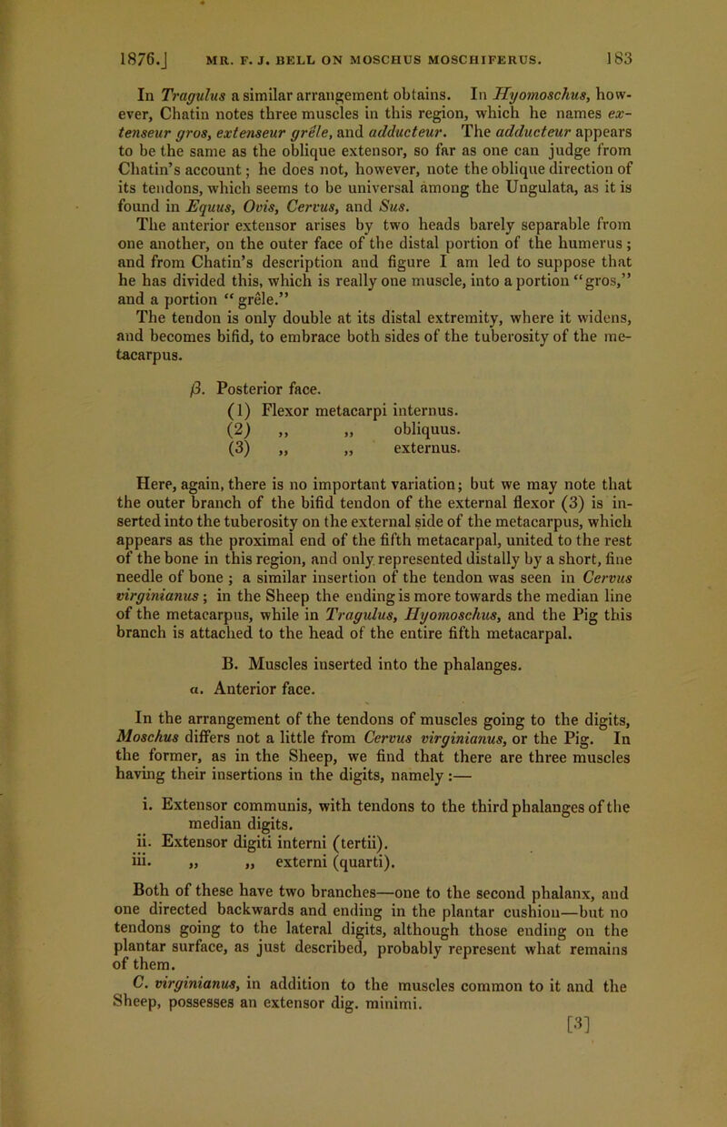 In Tragulus a similar arrangement obtains. In Hyomoschus, how- ever, Chatin notes three muscles in this region, which he names ex- tenseur gros, extenseur grele, and adducteur. The adducteur appears to be the same as the oblique extensor, so far as one can judge from Chatin’s account; he does not, however, note the oblique direction of its tendons, which seems to be universal among the Ungulata, as it is found in Equus, Ovis, Cervus, and Sus. The anterior extensor arises by two heads barely separable from one another, on the outer face of the distal portion of the humerus; and from Chatin’s description and figure I am led to suppose that he has divided this, which is really one muscle, into a portion “gros,” and a portion “ grele.” The tendon is only double at its distal extremity, where it widens, and becomes bifid, to embrace both sides of the tuberosity of the me- tacarpus. ft. Posterior face. (1) Flexor metacarpi internus. (2) ,, ,, obliquus. (3) ,, „ externus. Here, again, there is no important variation; but we may note that the outer branch of the bifid tendon of the external flexor (3) is in- serted into the tuberosity on the external side of the metacarpus, which appears as the proximal end of the fifth metacarpal, united to the rest of the bone in this region, and only, represented distally by a short, fine needle of bone ; a similar insertion of the tendon was seen in Cervus virginianus; in the Sheep the ending is more towards the median line of the metacarpus, while in Tragulus, Hyomoschus, and the Pig this branch is attached to the head of the entire fifth metacarpal. B. Muscles iuserted into the phalanges, a. Anterior face. In the arrangement of the tendons of muscles going to the digits, Moschus differs not a little from Cervus virginianus, or the Pig. In the former, as in the Sheep, we find that there are three muscles having their insertions in the digits, namely:— i. Extensor communis, with tendons to the third phalanges of the median digits. ii. Extensor digiti interni (tertii). iii. „ „ externi (quarti). Both of these have two branches—one to the second phalanx, and one directed backwards and ending in the plantar cushion—but no tendons going to the lateral digits, although those ending on the plantar surface, as just described, probably represent what remains of them. C. virginianus, in addition to the muscles common to it and the Sheep, possesses an extensor dig. minimi. [3]