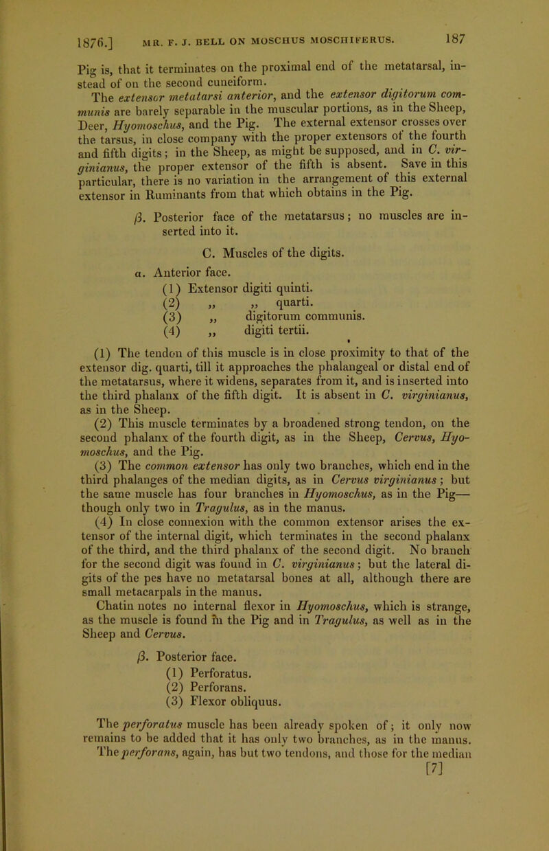 Pig is, that it terminates on the proximal end of the metatarsal, in- stead of on the second cuneiform. The extensor metatarsi anterior, and the extensor digitorum com- munis are barely separable in the muscular portions, as in the Sheep, Deer, Hyomoschus, and the Pig. The external extensor crosses over the tarsus, in close company with the proper extensors ot the fourth and fifth digits; in the Sheep, as might be supposed, and in C. vir- ginianus, the proper extensor of the fifth is absent. Save in this particular, there is no variation in the arrangement of this external extensor in Ruminants from that which obtains in the Pig. /3. Posterior face of the metatarsus; no muscles are in- serted into it. C. Muscles of the digits. a. Anterior face. (1) Extensor digiti quinti. (2) „ „ quarti. (3) ,, digitorum communis. (4) ,, digiti tertii. • (1) The tendon of this muscle is in close proximity to that of the extensor dig. quarti, till it approaches the phalangeal or distal end of the metatarsus, where it widens, separates from it, and is inserted into the third phalanx of the fifth digit. It is absent in C. virginianus, as in the Sheep. (2) This muscle terminates by a broadened strong tendon, on the second phalanx of the fourth digit, as in the Sheep, Cervus, Hyo- moschus, and the Pig. (3) The common extensor has only two branches, which end in the third phalanges of the median digits, as in Cervus virginianus; but the same muscle has four branches in Hyomoschus, as in the Pig— though only two in Tragulus, as in the manus. (4) In close connexion with the common extensor arises the ex- tensor of the internal digit, which terminates in the second phalanx of the third, and the third phalanx of the second digit. No branch for the second digit was found in C. virginianus; but the lateral di- gits of the pes have no metatarsal bones at all, although there are small metacarpals in the manus. Chatin notes no internal flexor in Hyomoschus, which is strange, as the muscle is found in the Pig and in Tragulus, as well as in the Sheep and Cervus. (5. Posterior face. (1) Perforatus. (2) Perforans. (3) Flexor obliquus. The perforatus muscle has been already spoken of; it only now remains to be added that it has only two branches, as in the manus. The perforans, again, has but two tendons, and those for the median [7]