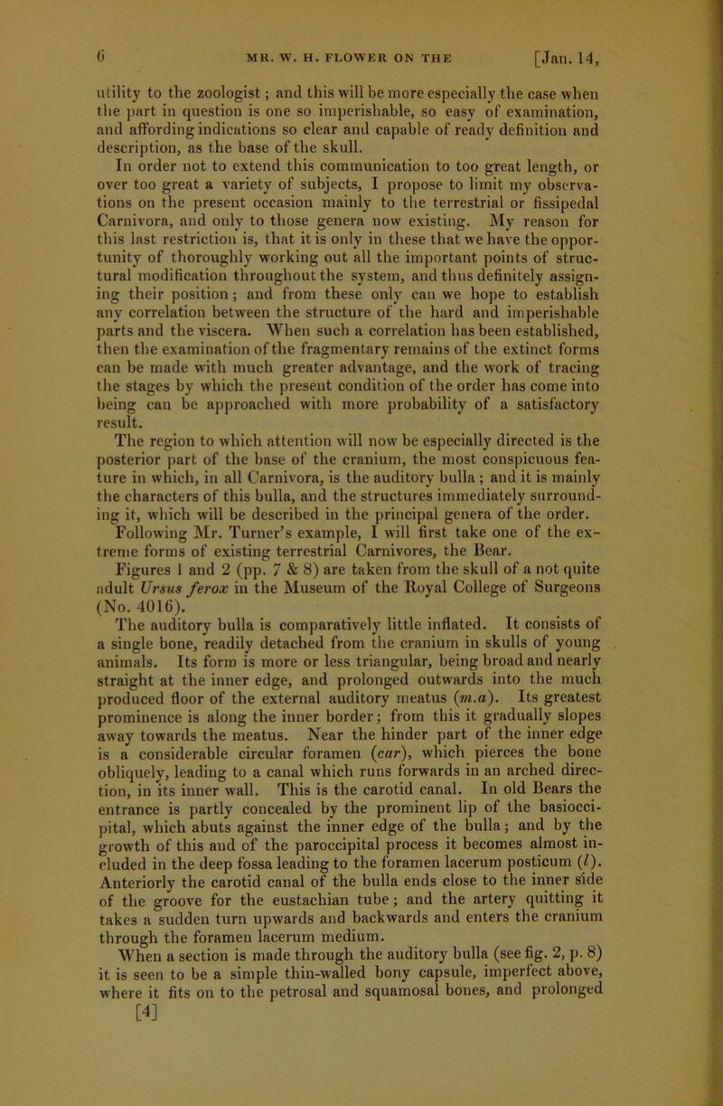 utility to the zoologist; and this will be more especially the case when the part in question is one so imperishable, so easy of examination, and affording indications so clear and capable of ready definition and description, as the base of the skull. In order not to extend this communication to too great length, or over too great a variety of subjects, I propose to limit my observa- tions on the present occasion mainly to the terrestrial or fissipedal Carnivora, and only to those genera now existing. My reason for this last restriction is, that it is only in these that we have the oppor- tunity of thoroughly working out all the important points of struc- tural modification throughout the system, and thus definitely assign- ing their position; and from these only can we hope to establish any correlation between the structure of the hard and imperishable parts and the viscera. When such a correlation has been established, then the examination of the fragmentary remains of the extinct forms can be made with much greater advantage, and the work of tracing the stages by which the present condition of the order has come into being can be approached with more probability of a satisfactory result. The region to which attention will now be especially directed is the posterior part of the base of the cranium, the most conspicuous fea- ture iu which, in all Carnivora, is the auditory bulla ; and it is mainly the characters of this bulla, and the structures immediately surround- ing it, which will be described in the principal genera of the order. Following Mr. Turner’s example, 1 will first take one of the ex- treme forms of existing terrestrial Carnivores, the Bear. Figures 1 and 2 (pp. 7 & 8) are taken from the skull of a not quite adult Ursus ferox in the Museum of the Royal College of Surgeons (No. 4016). The auditory bulla is comparatively little inflated. It consists of a single bone, readily detached from the cranium in skulls of young animals. Its form is more or less triangular, being broad and nearly straight at the inner edge, and prolonged outwards into the much produced floor of the external auditory meatus (m.a). Its greatest prominence is aloug the inner border; from this it gradually slopes away towards the meatus. Near the hinder part of the inner edge is a considerable circular foramen (car), which pierces the bone obliquely, leading to a canal which runs forwards in an arched direc- tion, in its inner wall. This is the carotid canal. In old Bears the entrance is partly concealed by the prominent lip of the basiocci- pital, which abuts against the inner edge of the bulla; and by the growth of this and of the paroccipital process it becomes almost in- cluded in the deep fossa leading to the foramen lacerum posticum (l). Anteriorly the carotid canal of the bulla ends close to the inner side of the groove for the eustachian tube; and the artery quitting it takes a sudden turn upwards and backwards and enters the cranium through the foramen lacerum medium. When a section is made through the auditory bulla (see fig. 2, p. 8) it is seen to be a simple thin-walled bony capsule, imperfect above, where it fits on to the petrosal and squamosal bones, and prolonged [4]