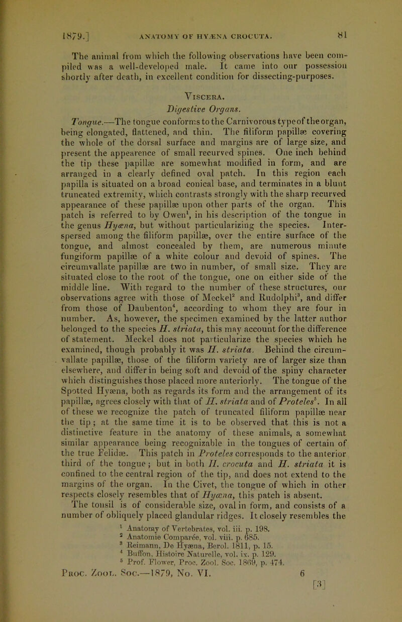 HI The animal from which the following observations have been com- piled was a well-developed male. It came into our possession shortly after death, in excellent condition for dissecting-purposes. Viscera. Digestive Organs. Tongue.—The tongue conforms to the Carnivorous type of the organ, being elongated, flattened, and thin. The filiform papilla? covering the whole of the dorsal surface and margins are of large size, and present the appearence of small recurved spines. One inch behind the tip these papillae are somewhat modified in form, and are arranged in a clearly defined oval patch. In this region each papilla is situated on a broad conical base, and terminates in a blunt truncated extremity, which contrasts strongly with the sharp recurved appearance of these papillae upon other parts of the organ. This patch is referred to by Owen1, in his description of the tongue in the genus Hxjxna, but without particularizing the species. Inter- spersed among the filiform papillae, over the entire surface of the tongue, and almost concealed by them, are numerous minute fungiform papillae of a white colour and devoid of spines. The circumvallate papillae are two in number, of small size. They are situated close to the root of the tongue, one on either side of the middle line. With regard to the number of these structures, our observations agree with those of Meckel2 and Rudolphi3, and differ from those of Daubenton4, according to whom they are four in number. As, however, the specimen examined by the latter author belonged to the species II. striata, this may account for the difference of statement. Meckel does not particularize the species which he examined, though probably it was II. striata. Behind the circum- vallate papillae, those of the filiform variety are of larger size than elsew'here, and differ in being soft and devoid of the spiny character which distinguishes those placed more anteriorly. The tongue of the Spotted Hyaena, both as I’egards its form and the arrangement of its papillae, agrees closely with that of II. striata and of Proteles5. In all of these we recognize the patch of truncated filiform papillae near the tip ; at the same time it is to be observed that this is not a distinctive feature in the anatomy of these animals, a somewhat similar appearance being recognizable in the tongues of certain of the true Felidae. This patch in Proteles corresponds to the anterior third of the tongue; but in both 11. crocuta and II. striata it is confined to the central region of the tip, and does not extend to the margins of the organ. In the Civet, the tongue of which in other respects closely resembles that of Ilyccna, this patch is absent. The tonsil is of considerable size, oval in form, and consists of a number of obliquely placed glandular ridges. It closely resembles the 1 Anatomy of Vertebrates, vol. iii. p. 198. s Anatomie Comparee, vol. viii. p. 685. 3 Reimann, De Hyasna, Berol. 1811, p. 15. 4 Buffon. Histoire Naturelle, vol. ix. p. 129. 5 Prof. Flower, Proc. Zool. Soc. 1869, p. 474. Proc. Zoot,. Soc.— 1S79, No. VI. 6 [3]