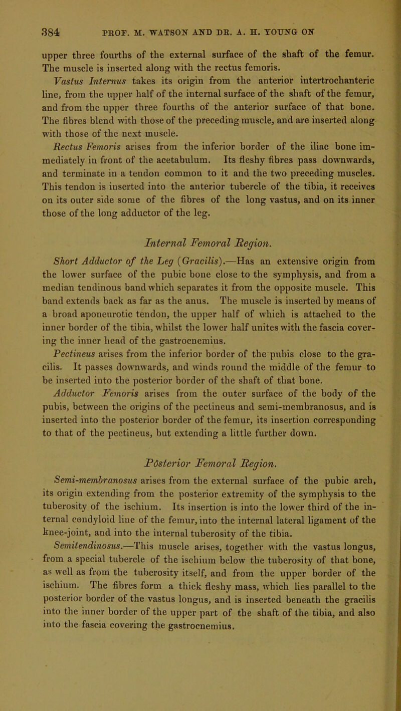 upper three fourths of the external surface of the shaft of the femur. The muscle is inserted along with the rectus femoris. Vastus Interims takes its origin from the anterior intertrochanteric line, from the upper half of the internal surface of the shaft of the femur, and from the upper three fourths of the anterior surface of that bone. The fibres blend with those of the preceding muscle, and are inserted along with those of the next muscle. Rectus Femoris arises from the inferior border of the iliac bone im- mediately in front of the acetabulum. Its fleshy fibres pass downwards, and terminate in a tendon common to it and the two preceding muscles. This tendon is inserted into the anterior tubercle of the tibia, it receives on its outer side some of the fibres of the long vastus, and on its inner those of the long adductor of the leg. Internal Femoral Region. Short Adductor of the Leg (Gracilis).—Has an extensive origin from the lower surface of the pubic bone close to the symphysis, and from a median tendinous band which separates it from the opposite muscle. This band extends back as far as the anus. The muscle is inserted by means of a broad aponeurotic tendon, the upper half of which is attached to the inner border of the tibia, whilst the lower half unites with the fascia cover- ing the inner head of the gastrocnemius. Pectineus arises from the inferior border of the pubis close to the gra- cilis. It passes downwards, and winds round the middle of the femur to be inserted into the posterior border of the shaft of that bone. Adductor Femoris arises from the outer surface of the body of the pubis, between the origins of the pectineus and semi-membranosus, and is inserted into the posterior border of tbe femur, its insertion corresponding to that of the pectineus, but extending a little further down. Posterior Femoral Region. Semi-membranosus arises from the external surface of the pubic arch, its origin extending from the posterior extremity of the symphysis to the tuberosity of the ischium. Its insertion is into the lower third of the in- ternal condyloid line of the femur, into the internal lateral ligament of the knee-joint, and into the internal tuberosity of the tibia. Semitendinosus.—This muscle arises, together with the vastus longus, from a special tubercle of the ischium below the tuberosity of that bone, as well as from the tuberosity itself, and from the upper border of the ischium. The fibres form a thick fleshy mass, which lies parallel to the posterior border of the vastus longus, and is inserted beneath the gracilis into the inner border of the upper part of the shaft of the tibia, and also into the fascia covering the gastrocnemius.