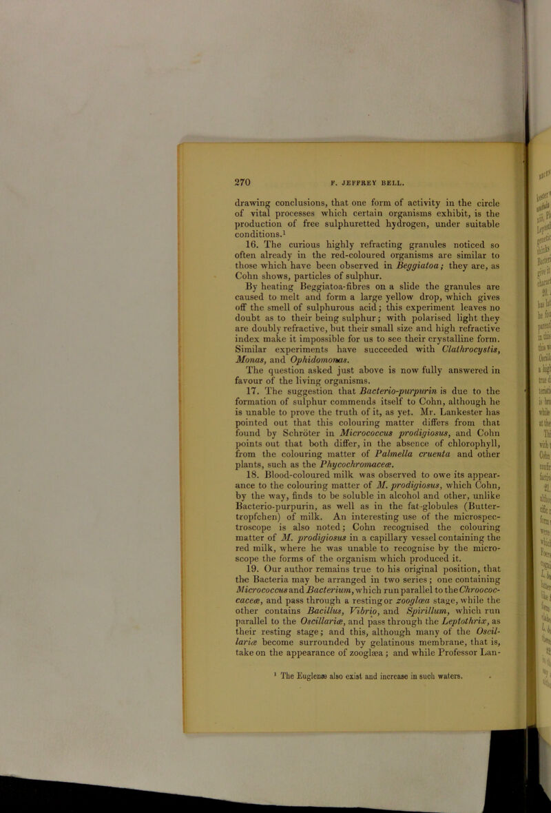 drawing conclusions, that one form of activity in the circle of vital processes which certain organisms exhibit, is the production of free sulphuretted hydrogen, under suitable conditions.1 16. The curious highly refracting granules noticed so often already in the red-coloured organisms are similar to those -which have been observed in Beggiatoa; they are, as Cohn shows, particles of sulphur. By heating Beggiatoa-fibres on a slide the granules are caused to melt and form a large yellow drop, which gives off the smell of sulphurous acid; this experiment leaves no doubt as to their being sulphur; with polarised light they are doubly refractive, but their small size and high refractive index make it impossible for us to see their crystalline form. Similar experiments have succeeded with Clathrocystis, Monas, and Ophidomonas. The question asked just above is now fully answered in favour of the living organisms. 17. The suggestion that Bacterio-purpurin is due to the formation of sulphur commends itself to Cohn, although he is unable to prove the truth of it, as yet. Mr. Lankester has pointed out that this colouring matter differs from that found by Schroter in Micrococcus prodigiosus, and Cohn points out that both differ, in the absence of chlorophyll, from the colouring matter of Palmella cruenta and other plants, such as the Phycochromacece. 18. Blood-coloured milk was observed to owe its appear- ance to the colouring matter of M. prodigiosus, which Cohn, by the way, finds to be soluble in alcohol and other, unlike Bacterio-purpurin, as well as in the fat-globules (Butter- tropfchen) of milk. An interesting use of the microspec- troscope is also noted; Cohn recognised the colouring matter of M. prodigiosus in a capillary vessel containing the red milk, where he was unable to recognise by the micro- scope the forms of the organism which produced it. 19. Our author remains true to his original position, that the Bacteria may be arranged in two series; one containing Micrococcus and Bacterium, which run parallel to the Chroococ- cacece, and pass through a restingor zooglcea stage, while the other contains Bacillus, Vibrio, and Spirillum, which run parallel to the Oscillarice, and pass through the Leptothrix, as their resting stage; and this, although many of the Oscil- larice become surrounded by gelatinous membrane, that is, take on the appearance of zooglaea ; and while Professor Lan- 1 The Euglenas also exist and increase in such waters.