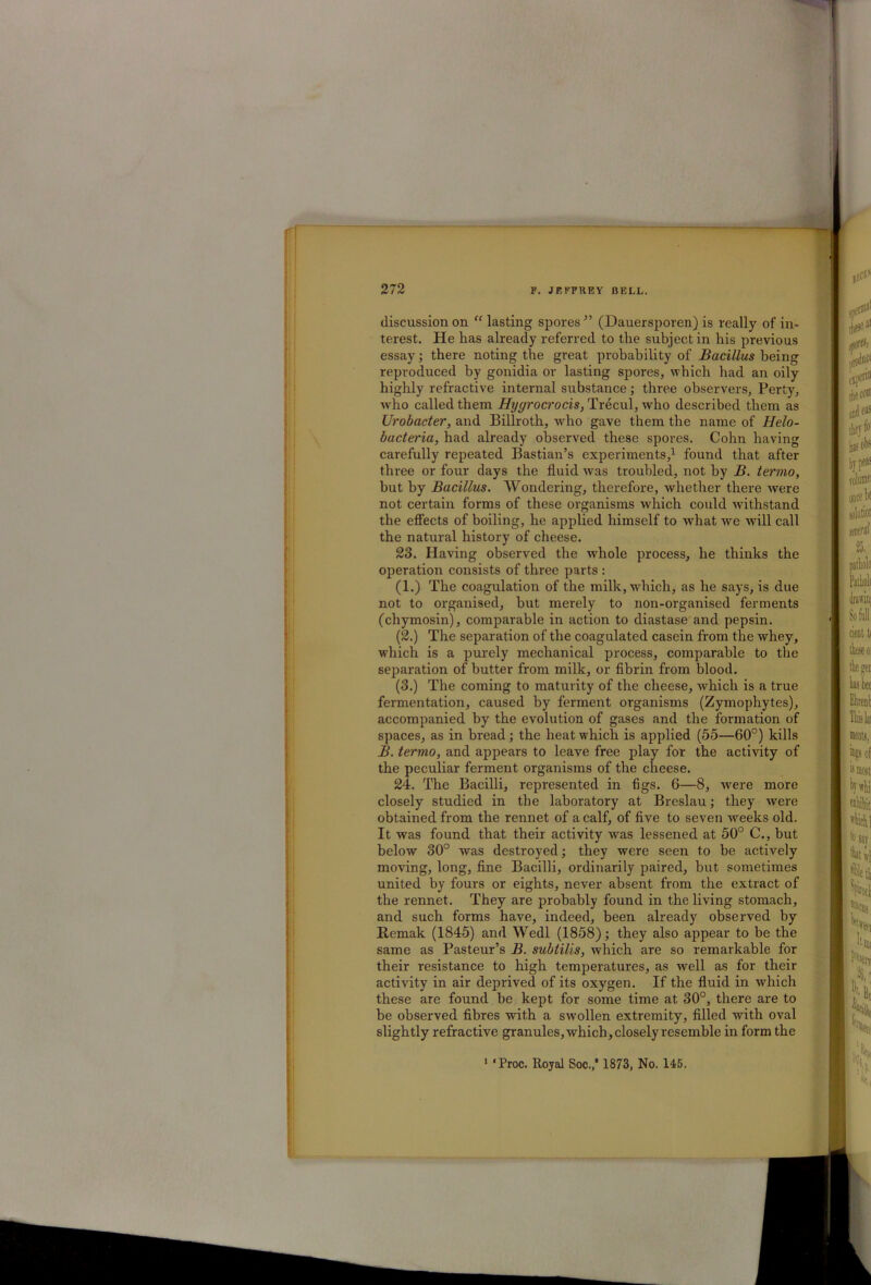 discussion on “ lasting spores” (Dauersporen) is really of in- terest. He has already referred to the subject in his previous essay; there noting the great probability of Bacillus being reproduced by gonidia or lasting spores, which had an oily highly refractive internal substance; three observers, Perty, who called them Hygrocrocis, Trecul, who described them as Urobacter, and Billroth, who gave them the name of Helo- bacteria, had already observed these spores. Cohn having carefully repeated Bastian’s experiments,1 found that after three or four days the fluid was troubled, not by B. termo, but by Bacillus. Wondering, therefore, whether there were not certain forms of these organisms which could withstand the effects of boiling, he applied himself to what we will call the natural history of cheese. 23. Having observed the whole process, he thinks the operation consists of three parts : (1.) The coagulation of the milk, which, as he says, is due not to organised, but merely to non-organised ferments (chymosin), comparable in action to diastase and pepsin. (2.) The separation of the coagulated casein from the whey, which is a purely mechanical process, comparable to the separation of butter from milk, or fibrin from blood. (3.) The coming to maturity of the cheese, which is a true fermentation, caused by ferment organisms (Zymophytes), accompanied by the evolution of gases and the formation of spaces, as in bread; the heat which is applied (55—60°) kills B. termo, and appears to leave free play for the activity of the peculiar ferment organisms of the cheese. 24. The Bacilli, represented in figs. 6—8, were more closely studied in the laboratory at Breslau; they were obtained from the rennet of a calf, of five to seven weeks old. It was found that their activity was lessened at 50° C., but below 30° was destroyed; they were seen to be actively moving, long, fine Bacilli, ordinarily paired, but sometimes united by fours or eights, never absent from the extract of the rennet. They are probably found in the living stomach, and such forms have, indeed, been already observed by Remak (1845) and Wedl (1858); they also appear to be the same as Pasteur’s B. subtilis, which are so remarkable for their resistance to high temperatures, as well as for their activity in air deprived of its oxygen. If the fluid in which these are found be kept for some time at 30°, there are to be observed fibres with a swollen extremity, filled with oval slightly refractive granules, which, closely resemble in form the ' ‘Proc. Royal Soc.,* 1873, No. 145.