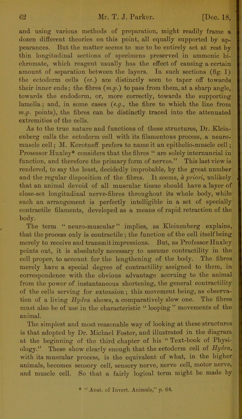 and using various methods of preparation, might readily frame a dozen different theories on this point, all equally supported by ap- pearances. But the matter seems to me to be entirely set at rest by thin longitudinal sections of specimens preserved in ammonic bi- chromate, which reagent usually has the effect of causing a certain amount of separation between the layers. In such sections (fig. 1) the ectoderm cells (ec.) are distinctly seen to taper off towards their inner ends ; the fibres (m.p.) to pass from them, at a sharp angle, towards the endoderm, or, more correctly, towards the supporting lamella; and, in some cases (e.g., the fibre to which the line from m.p. points), the fibres can be distinctly traced into the attenuated extremities of the cells. As to the true nature and functions of these structures, Dr. Kleiu- enberg calls the ectoderm cell with its filamentous process, a neuro- muscle cell; M. Korotneff prefers to name it an epithelio-muscle cell; Prosessor Huxley* considers that the fibres “ are solely internuncial in function, and therefore the primary form of nerves.” This last view is rendered, to say the least, decidedly improbable, by the great number and the regular disposition of the fibres. It seems, a priori, unlikely , that an animal devoid of all muscular tissue should have a layer of close-set longitudinal nerve-fibres throughout its whole body, while such an arrangement is perfectly intelligible in a set of specially contractile filaments, developed as a means of rapid retraction of the body. The term “ neuro-muscular ” implies, as Kleinenberg explains, that the process only is contractile; the function of the cell itself being merely to receive and transmit impressions. But, as Professor Huxley points out, it is absolutely necessary to assume contractility in the cell proper, to account for the lengthening of the body. The fibres merely have a special degree of contractility assigned to them, in correspondence with the obvious advantage accruing to the animal from the power of instantaneous shortening, the general contractility of the cells serving for extension; this movement being, as observa- tion of a living Hydra shows, a comparatively slow one. The fibres must also be of use in the characteristic “ looping ” movements of the animal. The simplest and most reasonable way of looking at these structures is that adopted by Dr. Michael Foster, and illustrated in the diagram at the beginning of the third chapter of his “ Text-book of Physi- ology.” These show clearly enough that the ectoderm cell of Hydra, with its muscular process, is the equivalent of what, in the higher animals, becomes sensory cell, sensory nerve, nerve cell, motor nerve, and muscle cell. So that a fairly logical term might be made by * “ Anut. of Invert. Animals,” p. 64.