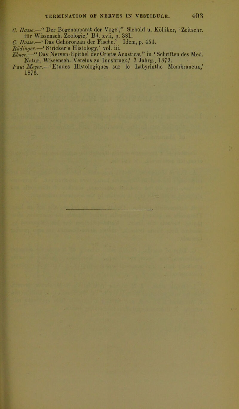 C. Basse.—“ Der Bogenapparat. der Vogel,” Siebold u. Kolliker, ‘ Zeitschr. f'iir Wissensch. Zoologie,’ Bd. xvii, p. 381. C. Basse.—‘ Das Gekoronjan der Fisclie.’ Idem, p. 154. Riidinger.—‘ Strieker’s Histology,’ vol. iii. Ebner.—“ Das Nerven-Epithel der Cristse Acust.ic®,” in ‘ Schriften des Med. Natur. Wissensch. Vereins zu Innsbruck,’ 3 Jahrg., 1872. Paul Meyer.—‘Etudes Histologiques sur le Labyrinthe Membraneux,’ 1876.