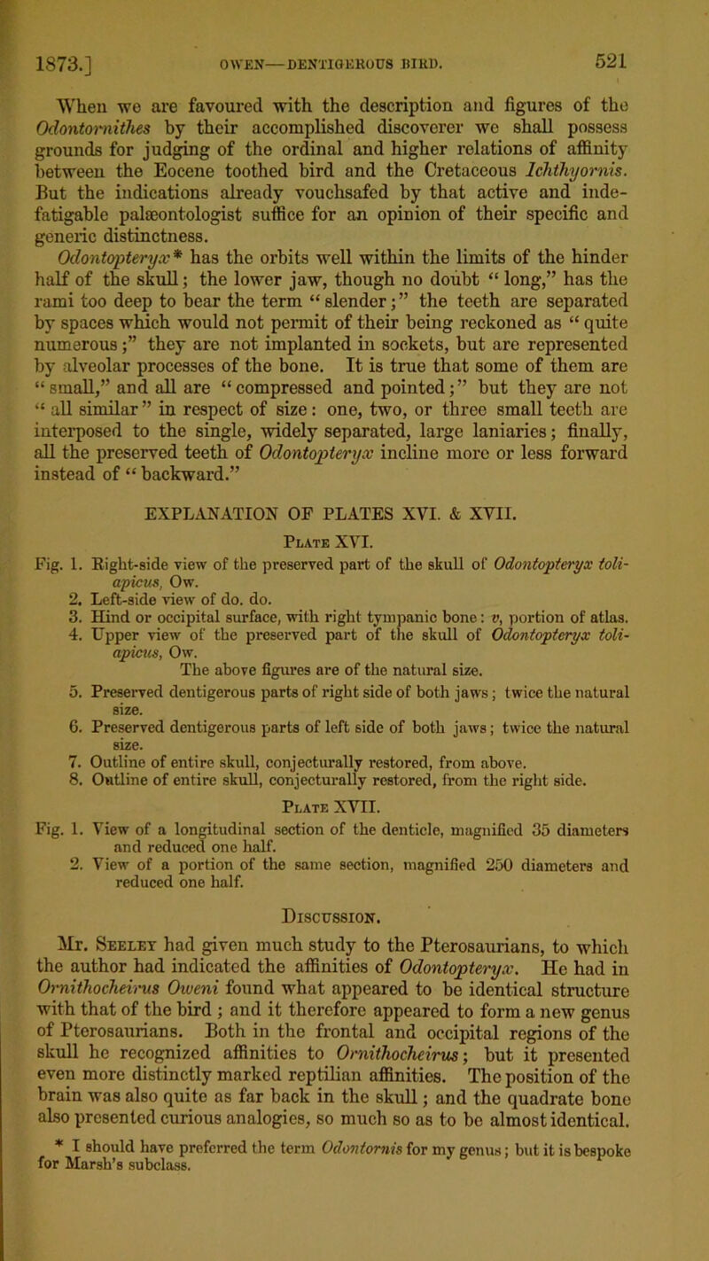 When we are favoured with the description and figures of the Odontornithes by their accomplished discoverer wc shall possess grounds for judging of the ordinal and higher relations of affinity between the Eocene toothed bird and the Cretaceous Ichthyornis. But the indications already vouchsafed by that active and inde- fatigable palaeontologist suffice for an opinion of their specific and generic distinctness. Odontopteryx * has the orbits well within the limits of the hinder half of the skull; the lower jaw, though no doubt “ long,” has the rami too deep to hear the term “slender;” the teeth are separated hv spaces which would not permit of their being reckoned as “ quite numerousthey are not implanted in sockets, but are represented by alveolar processes of the bone. It is true that some of them are “small,” and all are “compressed and pointed;” but they are not “ all similar ” in respect of size: one, two, or three small teeth are interposed to the single, widely separated, large laniaries; finally, all the preserved teeth of Odontopteryx incline more or less forward instead of “ backward.” EXPLANATION OF PLATES XVI. & XVII. Plate XVI. Fig. 1. Eight-side view of the preserved part of the skull of Odontopteryx toli- apicus, Ow. 2. Left-side view of do. do. 3. Hind or occipital surface, with right tympanic bone: v, portion of atlas. 4. Upper view of the preserved part of the skull of Odontopteryx toli- apicus, Ow. The above figures are of the natural size. 5. Preserved dentigerous parts of right side of both jaws; twice the natural size. 6. Preserved dentigerous parts of left side of both jaws; twice the natural size. 7. Outline of entire skull, conjecturally restored, from above. 8. Outline of entire skull, conjecturally restored, from the right side. Plate XVII. Fig. 1. View of a longitudinal section of the denticle, magnified 35 diameters and reduced one half. 2. View of a portion of the same section, magnified 250 diameters and reduced one half. Discussion. Mr. Seeley had given much study to the Pterosaurians, to which the author had indicated the affinities of Odontopteryx. He had in Ornithocheii'us Oiveni found what appeared to be identical structure with that of the bird ; and it therefore appeared to form a new genus of Pterosaurians. Both in the frontal and occipital regions of the skull he recognized affinities to Omithocheirus; but it presented even more distinctly marked reptilian affinities. The position of the brain was also quite as far back in the skull; and the quadrate bone also presented curious analogies, so much so as to be almost identical. * I should have preferred the term Odontomis for my genus; but it is bespoke for Marsh’s subclass.