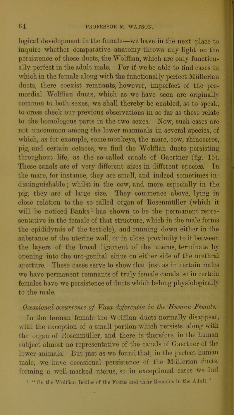 logical development in the female—we have in the next place to inquire whether comparative anatomy throws any light on the persistence of those ducts, the Wolffian, which are only function- ally perfect in the adult male. For if we be able to find cases in which in the female along with the functionally perfect Mullerian ducts, there coexist remnants, however, imperfect of the pre- mordial Wolffian ducts, which as we have seen are originally common to both sexes, we shall thereby be enabled, so to speak, to cross check our previous observations in so far as these relate to the homologous parts in the two sexes. Now, such cases are not uncommon among the lower mammals in several species, of which, as for example, some monkeys, the mare, cow, rhinoceros, pig, and certain cetacea, we find the Wolffian ducts persisting throughout life, as the so-called canals of Gaertner (fig. 15). These canals are of very different sizes in different species. In the mare, for instance, they are small, and indeed sometimes in- distinguishable ; whilst in the cow, and more especially in the pig, they are of large size. They commence above, lying in close relation to the so-called organ of Eoseniniiller (which it will be noticed Banks1 has shown to be the permanent repre- sentative in the female of that structure, which in the male forms the epididymis of the testicle), and running down either in the substance of the uterine wall, or in close proximity to it between the layers of the broad ligament of the uterus, terminate by opening into the uro-genital sinus on either side of the urethral aperture. These cases serve to show that just as in certain males we have permanent remnants of truly female canals, so in certain females have we persistence of ducts which belong physiologically to the male. Occasional occurrence of Vasa deferentia in the Human Female. In the human female the Wolffian ducts normally disappear, with the exception of a small portion which persists along with the organ of Eoseniniiller, and there is therefore in the human subject almost no representative of the canals of Gaertner of the lower animals. But just as we found that, in the perfect human male, we have occasional persistence of the Mullerian ducts, forming a well-marked uterus, so in exceptional cases we find