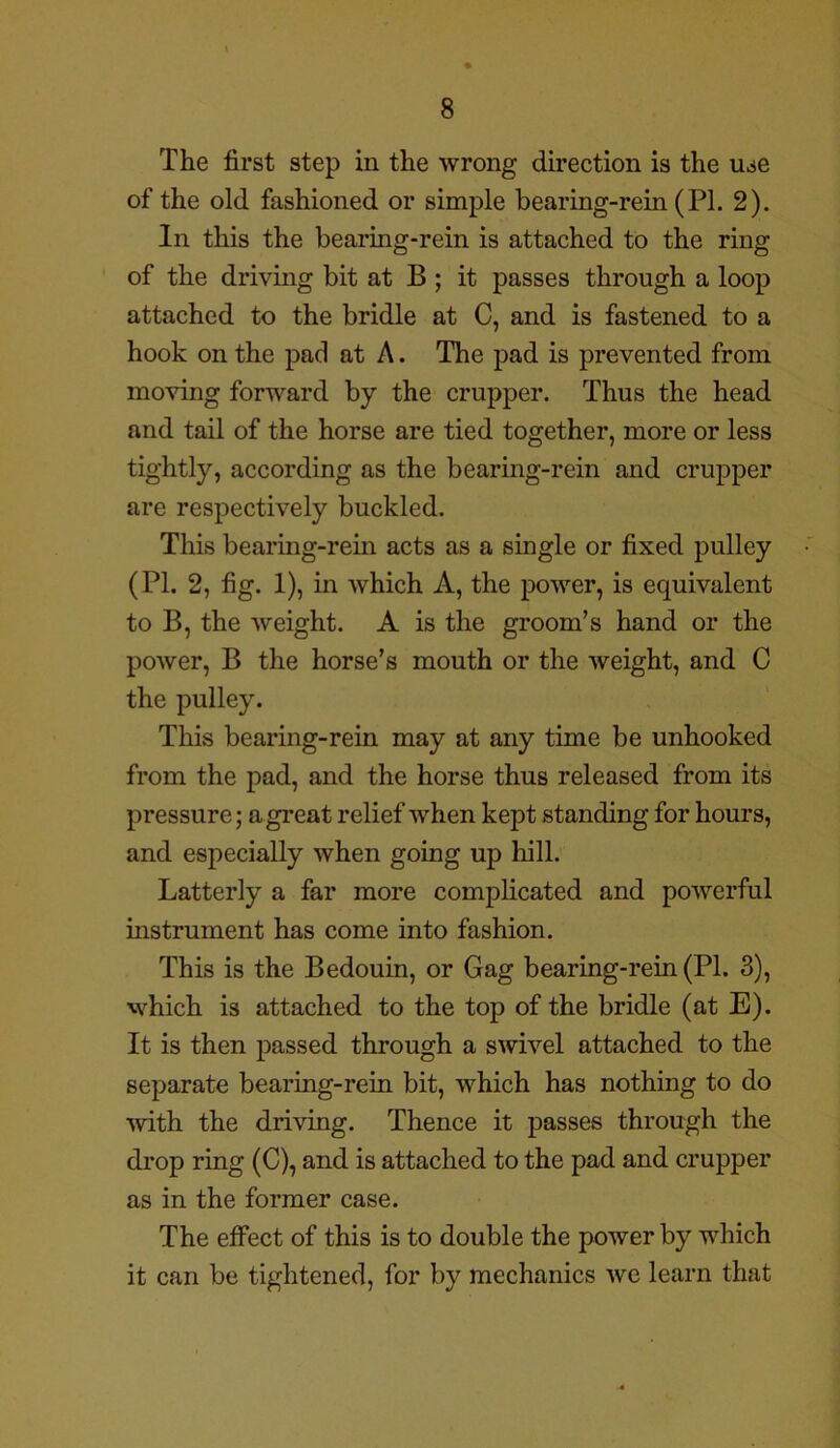 The first step in the wrong direction is the use of the old fashioned or simple bearing-rein (PI. 2). In this the bearing-rein is attached to the ring of the driving bit at B ; it passes through a loop attached to the bridle at C, and is fastened to a hook on the pad at A. The pad is prevented from moving forward by the crupper. Thus the head and tail of the horse are tied together, more or less tightly, according as the bearing-rein and crupper are respectively buckled. This bearing-rein acts as a single or fixed pulley (PL 2, fig. 1), in which A, the power, is equivalent to B, the weight. A is the groom’s hand or the power, B the horse’s mouth or the weight, and C the pulley. This bearing-rein may at any time be unhooked from the pad, and the horse thus released from its pressure; a great relief when kept standing for hours, and especially when going up hill. Latterly a far more complicated and powerful instrument has come into fashion. This is the Bedouin, or Gag bearing-rein (PL 3), which is attached to the top of the bridle (at E). It is then passed through a swivel attached to the separate bearing-rein bit, which has nothing to do with the driving. Thence it passes through the drop ring (C), and is attached to the pad and crupper as in the former case. The effect of this is to double the power by which it can be tightened, for by mechanics we learn that
