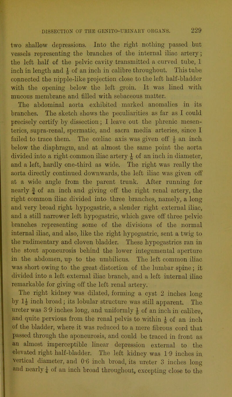 two shallow depressions. Into the right nothing passed but vessels representing the branches of the internal iliac artery; the left half of the pelvic cavity transmitted a curved tube, 1 inch in length and of an inch in calibre throughout. This tube connected the nipple-like projection close to the left half-bladder with the opening below the left groin. It was lined with mucous membrane and filled with sebaceous matter. The abdominal aorta exhibited marked anomalies in its branches. The sketch shows the peculiarities as far as I could precisely certify by dissection; I leave out the phrenic mesen- teries, supra-renal, spermatic, and sacra media arteries, since I failed to trace them. The coeliac axis was given off | an inch below the diaphragm, and at almost the same point the aorta divided into a right common iliac artery ^ of an inch in diameter, and a left, hardly one-third as wide. The right was really the aorta directly continued downwards, the left iliac was given off at a wide angle from the parent trunk. After running for nearly f of an inch and giving off the right renal artery, the right common iliac divided into three branches, namely, a long and very broad right hypogastric, a slender right external iliac, and a still narrower left hypogastric, which gave off three pelvic branches representing some of the divisions of the normal internal iliac, and also, like the right hypogastric, sent a twig to the rudimentary and cloven bladder. These hypogastiics ran in the stout aponeurosis behind the lower integumental aperture in the abdomen, up to the umbilicus. The left common iliac was short owing to the great distortion of the lumbar spine; it divided into a left external iliac branch, and a left internal iliac remarkable for giving off the left renal artery. The right kidney was dilated, forming a cyst 2 inches long by inch broad; its lobular structure was still apparent. The ureter was 3-9 inches long, and uniformly ^ of an inch in calibre, and quite pervious from the renal pelvis to within ^ of an inch of the bladder, where it was reduced to a mere fibrous cord that passed through the aponeurosis, and could be traced in front as an almost imperceptible linear depression external to the elevated right half-bladder. The left kidney was 1'9 inches in. vertical diameter, and 0'6 inch broad, its ureter 3 inches long and nearly of an inch broad throughout, excepting close to the