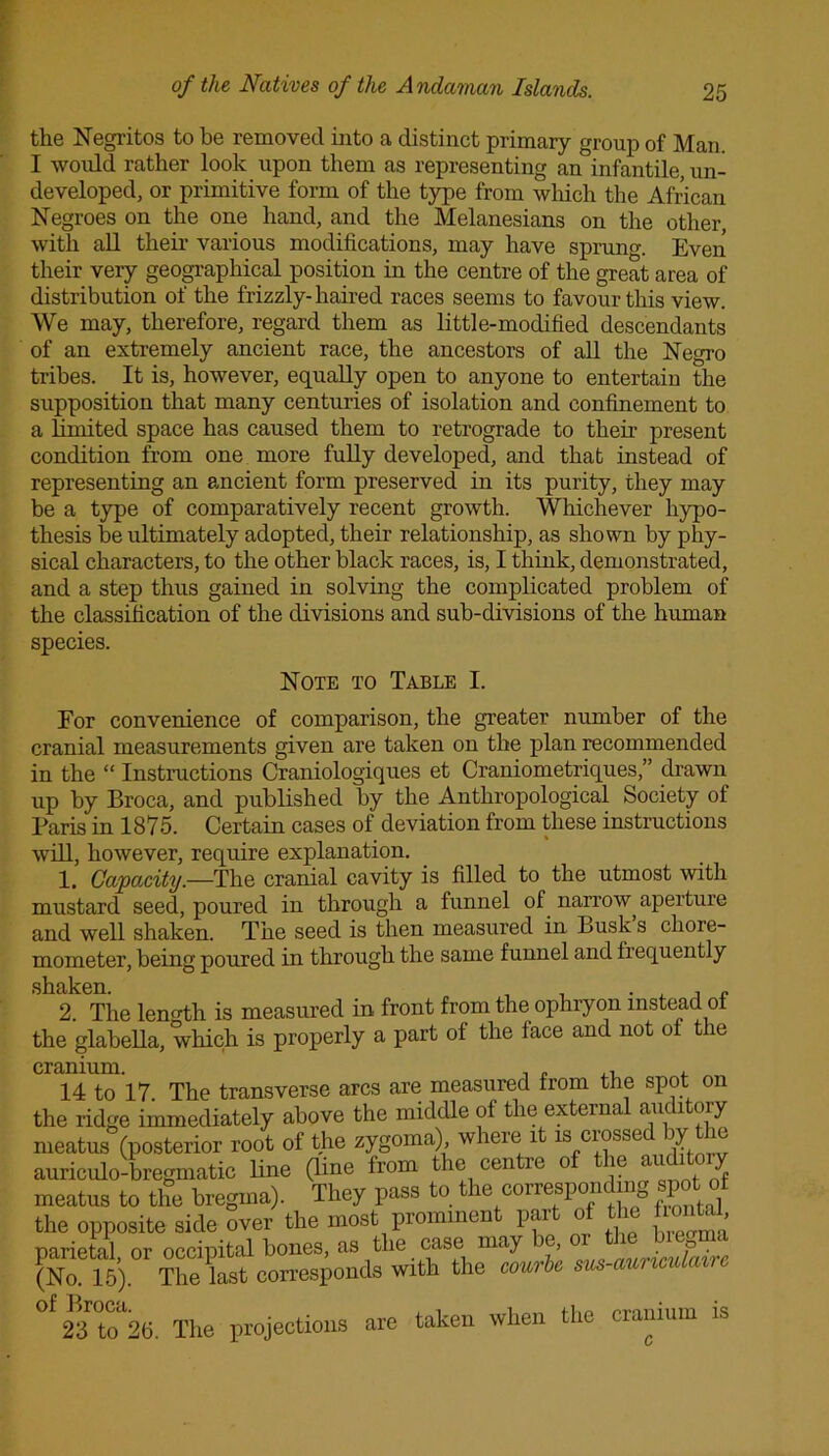 the Negritos to be removed into a distinct primary group of Man. I would rather look upon them as representing an infantile, un- developed, or primitive form of the type from which the African Negroes on the one hand, and the Melanesians on the other, with all their various modifications, may have sprung. Even their very geographical position in the centre of the great area of distribution of the frizzly- haired races seems to favour this view. We may, therefore, regard them as little-modified descendants of an extremely ancient race, the ancestors of all the Negro tribes. It is, however, equally open to anyone to entertain the supposition that many centuries of isolation and confinement to a limited space has caused them to retrograde to then- present condition from one more fully developed, and that instead of representing an ancient form preserved in its purity, they may be a type of comparatively recent growth. Whichever hypo- thesis be ultimately adopted, their relationship, as shown by phy- sical characters, to the other black races, is, I think, demonstrated, and a step thus gained in solving the complicated problem of the classification of the divisions and sub-divisions of the human species. Note to Table I. For convenience of comparison, the greater number of the cranial measurements given are taken on the plan recommended in the “ Instructions Craniologiques et Craniometriques,” drawn up by Broca, and published by the Anthropological Society of Paris in 1875. Certain cases of deviation from these instructions will, however, require explanation. 1. Capacity.—The cranial cavity is filled to the utmost with mustard seed, poured in through a funnel of narrow aperture and well shaken. The seed is then measured in Busk s cliore- mometer, being poured in through the same funnel and frequently shaken 2. The length is measured in front from the ophryon instead of the glabella, which is properly a part of the face and not of the cranium. , „ ,, , 14 to 17 The transverse arcs are measured from the spot on the ridge immediately above the middle of the external auditory meatus (posterior root of the zygoma), wheie it is ciosse ly m auriculo-bregmatic line (line from the centre of the auditory meatus to the bregma). They pass to the corresponding spot of the opposite side over the most prominent part of the f o tM parietal or occipital bones, as the case may be, or the biegma (No. 15). The \ast corresponds with the courhe sus-aunculaire °^®Tk The projections are taken when the cranium is