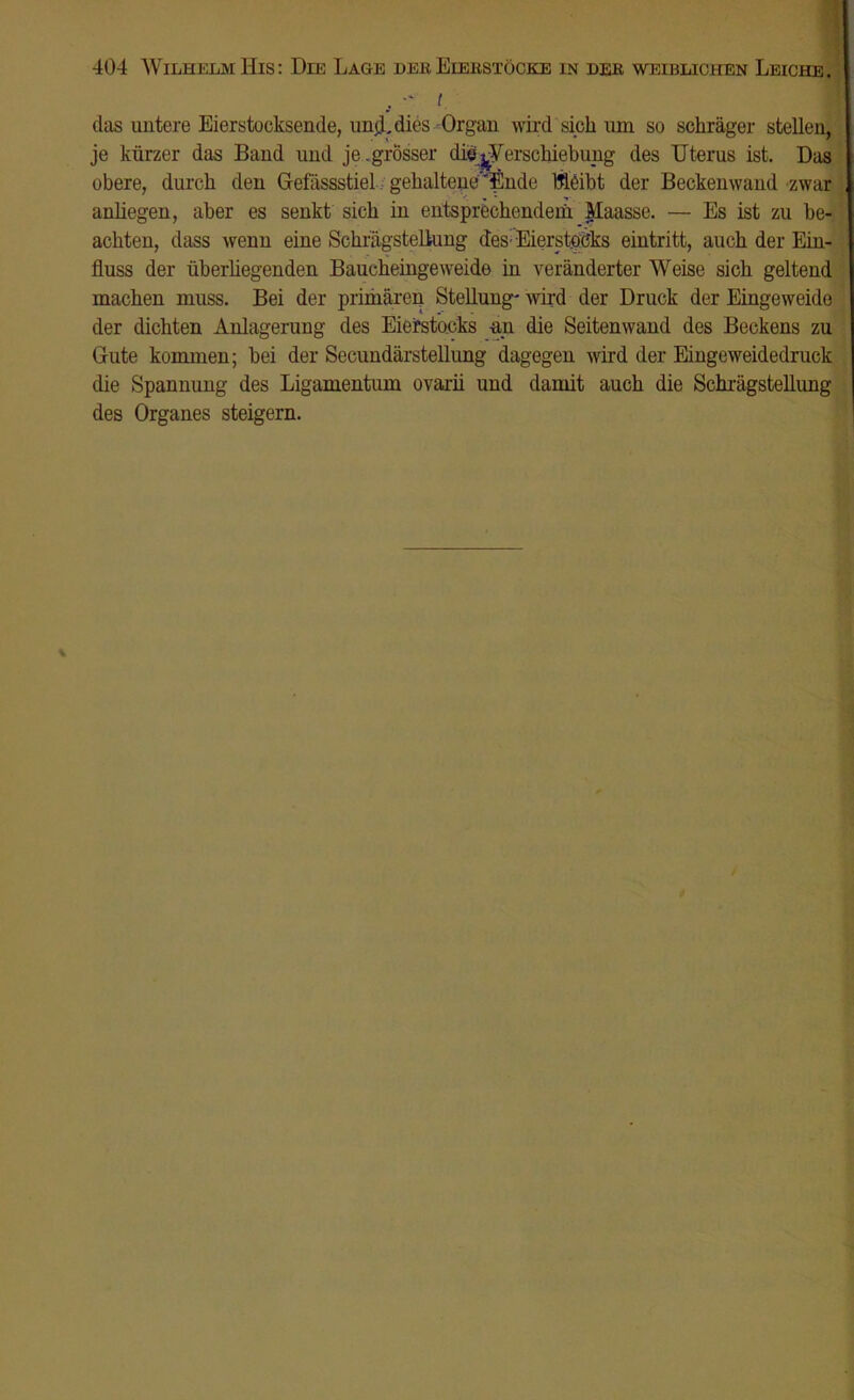 . •* t das untere Eierstocksende, und. dies Organ wird sich um so schräger stellen, je kürzer das Baud und je. grösser die ^Verschiebung des Uterus ist. Das obere, durch den GefässstieL gehaltene'Ende Weiht der Beckenwand zwar anliegen, aber es senkt sich in entsprechendem Maasse. — Es ist zu be- achten, dass wenn eine Schrägstellung des: Eier Stocks eintritt, auch der Ein- fluss der überhegenden Baucheingeweide in veränderter Weise sich geltend machen muss. Bei der primären Stellung“ wird der Druck der Eingeweide der dichten Anlagerung des Eierstocks an die Seitenwand des Beckens zu Gute kommen; bei der Secundärstellung dagegen wird der Eingeweidedruck die Spannung des Ligamentum ovarii und damit auch die Schrägstellung des Organes steigern.