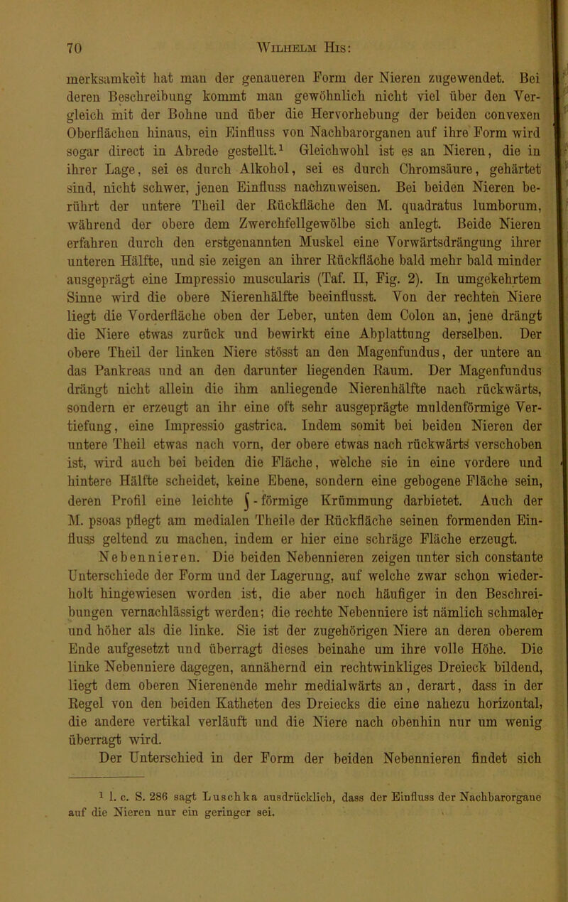 merksamkeit hat mau der genaueren Form der Niereu zugewendet. Bei dereu Beschreibung kommt man gewöhnlich nicht viel über den Ver- gleich mit der Bohne und über die Hervorhebung der beiden convexen Oberflächen hinaus, ein Einfluss von Nachbarorganen auf ihre Form wird sogar direct in Abrede gestellt.1 Gleichwohl ist es an Nieren, die in ihrer Lage, sei es durch Alkohol, sei es durch Chromsäure, gehärtet sind, nicht schwer, jenen Einfluss nachzuweisen. Bei beiden Nieren be- rührt der untere Theil der ßückfläche den M. quadratus lumborum, während der obere dem Zwerchfellgewölbe sich anlegt. Beide Nieren erfahren durch den erstgenannten Muskel eine Vorwärtsdrängung ihrer unteren Hälfte, und sie zeigen an ihrer Rückfläche bald mehr bald minder ausgeprägt eine Impressio muscularis (Taf. II, Fig. 2). In umgekehrtem Sinne wird die obere Nierenhälfte beeinflusst. Von der rechten Niere liegt die Vorderliäche oben der Leber, unten dem Colon an, jene drängt die Niere etwas zurück und bewirkt eine Abplattung derselben. Der obere Theil der linken Niere stösst an den Magenfundus, der untere an das Pankreas und an den darunter liegenden Raum. Der Magenfundus drängt nicht allein die ihm anliegende Nierenhälfte nach rückwärts, sondern er erzeugt an ihr eine oft sehr ausgeprägte muldenförmige Ver- tiefung, eine Impressio gastrica. Indem somit bei beiden Nieren der untere Theil etwas nach vorn, der obere etwas nach rückwärts verschoben ist, wird auch bei beiden die Fläche, welche sie in eine vordere und - hintere Hälfte scheidet, keine Ebene, sondern eine gebogene Fläche sein, deren Profil eine leichte $ - förmige Krümmung darbietet. Auch der kl. psoas pflegt am medialen Theile der Rückfläche seinen formenden Ein- fluss geltend zu machen, indem er hier eine schräge Fläche erzeugt. Nebennieren. Die beiden Nebennieren zeigen unter sich constante Unterschiede der Form und der Lagerung, auf welche zwar schon wieder- holt hingewiesen worden ist, die aber noch häufiger in den Beschrei- bungen vernachlässigt werden; die rechte Nebenniere ist nämlich schmaler und höher als die linke. Sie ist der zugehörigen Niere an deren oberem Ende aufgesetzt und überragt dieses beinahe um ihre volle Höhe. Die linke Nebenniere dagegen, annähernd ein rechtwinkliges Dreieck bildend, liegt dem oberen Nierenende mehr medialwärts an, derart, dass in der Regel von den beiden Katheten des Dreiecks die eine nahezu horizontal, die andere vertikal verläuft und die Niere nach obenhin nur um wenig überragt wird. Der Unterschied in der Form der beiden Nebennieren findet sich 1 1. c. S. 286 sagt Luschka ausdrücklich, dass der Einfluss der Nachbarorgane auf die Nieren nur ein geringer sei.