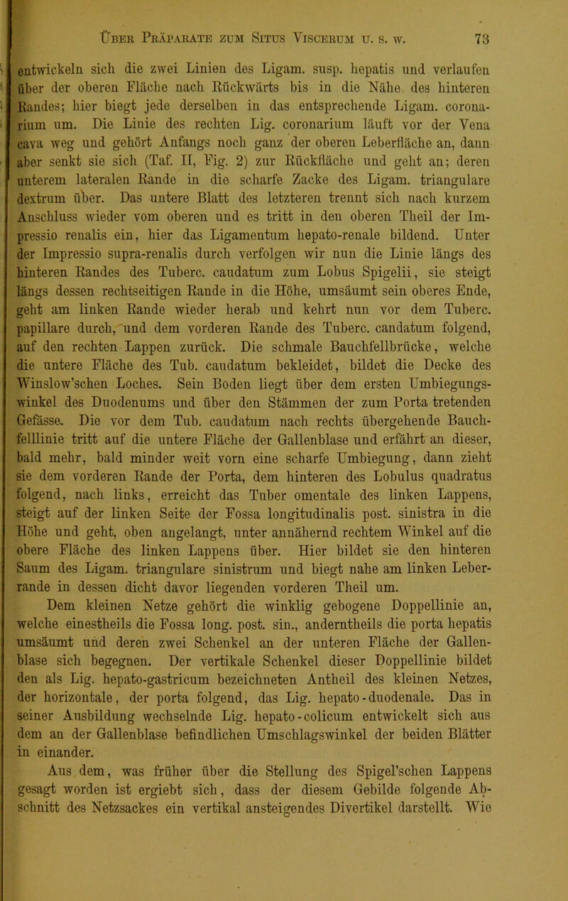 entwickeln sich die zwei Linien des Ligam. snsp. kepatis und verlaufen über der oberen Fläche nach Rückwärts bis in die Nähe des hinteren Randes; hier biegt jede derselben in das entsprechende Ligam. corona- rium um. Die Liuie des rechten Lig. coronarium läuft vor der Vena cava weg und gehört Anfangs noch ganz der oberen Leberfläche an, dann aber senkt sie sich (Taf. II, Fig. 2) zur Rückfläche und geht an; deren unterem lateralen Rande in die scharfe Zacke des Ligam. trianguläre dextrum über. Das untere Blatt des letzteren trennt sich nach kurzem Anschluss wieder vom oberen und es tritt in den oberen Theil der Im- pressio renalis ein, hier das Ligamentum hepato-renale bildend. Unter der Impressio supra-renalis durch verfolgen wir nun die Linie längs des hinteren Randes des Tuberc. caudatum zum Lobus Spigelii, sie steigt längs dessen rechtseitigen Rande in die Höhe, umsäumt sein oberes Ende, geht am linken Rande wieder herab und kehrt nun vor dem Tuberc. papillare durch, und dem vorderen Rande des Tuberc. candatum folgend, auf den rechten Lappen zurück. Die schmale Bauchfellbrücke, welche die untere Fläche des Tub. caudatum bekleidet, bildet die Decke des Winslow’schen Loches. Sein Boden liegt über dem ersten Umbiegungs- winkel des Duodenums und über den Stämmen der zum Porta tretenden Gefässe. Die vor dem Tub. caudatum nach rechts übergehende Bauch- felllinie tritt auf die untere Fläche der Gallenblase und erfährt an dieser, bald mehr, bald minder weit vorn eine scharfe Umbiegung, dann zieht sie dem vorderen Rande der Porta, dem hinteren des Lobulus quadratus folgend, nach links, erreicht das Tuber omentale des linken Lappens, steigt auf der linken Seite der Fossa longitudinalis post, sinistra in die Höhe und geht, oben angelangt, unter annähernd rechtem Winkel auf die obere Fläche des linken Lappens über. Hier bildet sie den hinteren Saum des Ligam. trianguläre sinistrum und biegt nahe am linken Leber- rande in dessen dicht davor liegenden vorderen Theil um. Dem kleinen Netze gehört die winklig gebogene Doppellinie an, welche einestheils die Fossa long. post, sin., anderntheils die porta hepatis umsäumt und deren zwei Schenkel an der unteren Fläche der Gallen- blase sich begegnen. Der vertikale Schenkel dieser Doppellinie bildet den als Lig. hepato-gastricum bezeichneten Antheil des kleinen Netzes, der horizontale, der porta folgend, das Lig. hepato-duodenale. Das in seiner Ausbildung wechselnde Lig. hepato - colicum entwickelt sich aus dem an der Gallenblase befindlichen Umschlagswinkel der beiden Blätter in einander. Aus dem, was früher über die Stellung des Spigel’schen Lappens gesagt worden ist ergiebt sich, dass der diesem Gebilde folgende Ab- schnitt des Netzsackes ein vertikal ansteigendes Divertikel darstellt. Wie