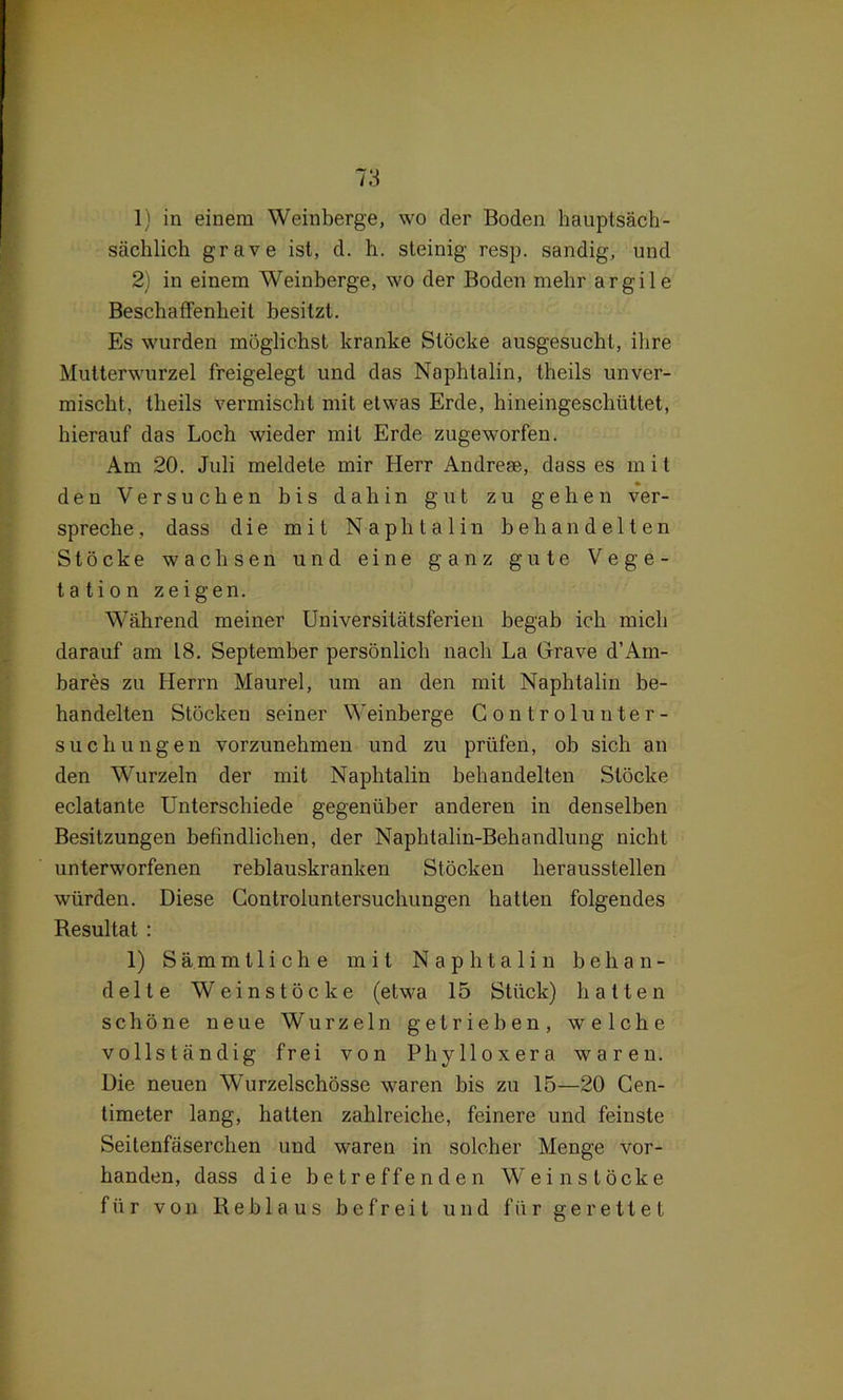1) in einem Weinberge, wo der Boden hauptsäch- sächlich grave ist, d. h. steinig resp. sandig, und 2) in einem Weinberge, wo der Boden mehr argile Beschaffenheit besitzt. Es wurden möglichst kranke Stöcke ausgesucht, ihre Mutterwurzel freigelegt und das Naphtalin, theils unver- misclit, theils vermischt mit etwas Erde, hineingeschüttet, hierauf das Loch wieder mit Erde zugeworfen. Am 20. Juli meldete mir Herr Andrem, dass es m i t den Versuchen bis dahin gut zu gehen ver- spreche , dass die mit Naphtalin behandelten Stöcke wachsen und eine ganz gute Vege- tation zeigen. Während meiner Universitätsferien begab ich mich darauf am 18. September persönlich nach La Grave d’Am- bares zu Herrn Maurel, um an den mit Naphtalin be- handelten Stöcken seiner Weinberge C on tr o 1 u uter- such ungen vorzunehmen und zu prüfen, ob sich an den Wurzeln der mit Naphtalin behandelten Stöcke eclatante Unterschiede gegenüber anderen in denselben Besitzungen befindlichen, der Naphtalin-Behandlung nicht unterworfenen reblauskranken Stöcken herausstellen würden. Diese Controluntersuchungen hatten folgendes Resultat : 1) S ä m m 11 i c h e mit Naphtalin behan- delte Weinstöcke (etwa 15 Stück) hatten schöne neue Wurzeln getrieben, welche vollständig frei von Phylloxera waren. Die neuen Wurzelschösse waren bis zu 15—20 Cen- timeter lang, hatten zahlreiche, feinere und feinste Seitenfäserchen und waren in solcher Menge vor- handen, dass die betreffenden Wein stocke für von Reblaus befreit und für gerettet