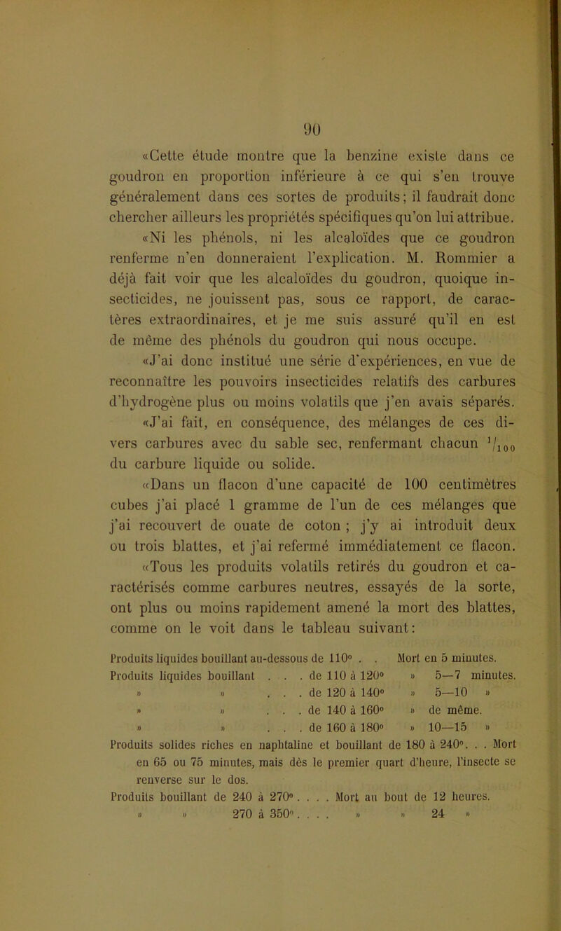 (J0 «Gelte elude monlre que la benzine exisle dans ee goudron en proportion inferieure ä ce qui s’eu Irouve generalement dans ces sortes de produils; il faudrait donc cliercher ailleurs les proprietds specifiques qu’on lui allribue. «Ni les phenols, ni les alcaloides que ce goudron renferme n’en donneraienl rexplication. M. Rommier a dejä fait voir que les alcaloides du goudron, quoique in- secticides, ne jouissent pas, sous ce rapporl, de carac- leres extraordinaires, et je me suis assure qu’il en est de meine des phenols du goudron qui nous occupe. «J’ai donc instilue une Serie d’experiences, en vue de reconnaitre les pouvoirs insecticides relatifs des carbures d’hydrogene plus ou moins volatils que j’en avais separds. «J’ai fait, en consequence, des mdlanges de ces di- vers carbures avec du sable sec, renfermant chacun ]/xoo du carbure liquide ou solide. «Dans un flacon d’une capacitd de 100 cenlimelres cubes j’ai placd 1 gramme de l’un de ces melanges que j’ai recouvert de ouate de coton ; j’y ai introduit deux ou trois blattes, et j'ai referme immediatemenl ce flacon. «Tous les produits volatils retirds du goudron et ca- racterisds comme carbures neutres, essayes de la Sorte, ont plus ou moins rapidement amene la mort des blattes, comme on le voit dans le tableau suivant: Produits liquides bouillaut au-dessous de 110° . . Mort en 5 miuutes. Produits liquides bouillaut ... de 110 ä 120° » 5—7 minutes. » » ... de 120 a 140° » 5—10 » » » ... de 140 ä 160° # de möme. » » ... de 160 ä 180° » 10—15 » Produits solides riclies en naplitaline et bouillaut de 180 ä 240°. . . Mort en 65 ou 75 miuutes, ruais dds le premier quart d’heure, l’insecte se renverse sur le dos. Produits bouillant de 240 ä 270°.... Morl au bout de 12 heures. » n 270 ä 350.... » » 24 »