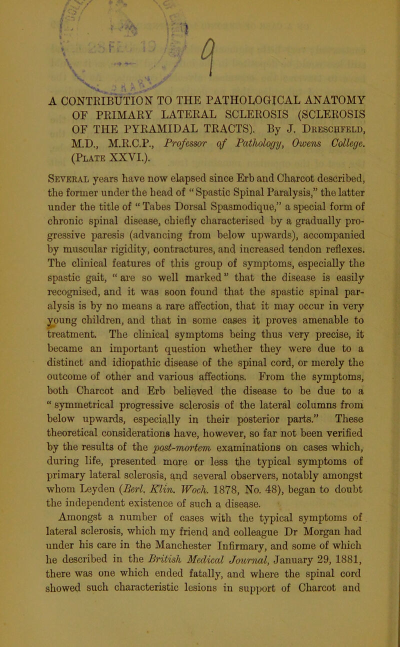A CONTRIBUTION TO THE PATHOLOGICAL ANATOMY OF PRIMARY LATERAL SCLEROSIS (SCLEROSIS OF THE PYRAMIDAL TRACTS). By J. Dreschfeld, M.D., M.R.C.P., Professor of Pathology, Owens College. (Plate XXVI.). Several years have now elapsed since Erb and Charcot described, the former under the head of “ Spastic Spinal Paralysis,” the latter under the title of “ Tabes Dorsal Spasmodique,” a special form of chronic spinal disease, chiefly characterised by a gradually pro- gressive paresis (advancing from below upwards), accompanied by muscular rigidity, contractures, and increased tendon reflexes. The clinical features of this group of symptoms, especially the spastic gait, “ are so well marked ” that the disease is easily recognised, and it was soon found that the spastic spinal par- alysis is by no means a rare affection, that it may occur in very young children, and that in some cases it proves amenable to treatment. The clinical symptoms being thus very precise, it became an important question whether they were due to a distinct and idiopathic disease of the spinal cord, or merely the outcome of other and various affections. From the symptoms, both Charcot and Erb believed the disease to be due to a “ symmetrical progressive sclerosis of the lateral columns from below upwards, especially in their posterior parts.” These theoretical considerations have, however, so far not been verified by the results of the post-mortem examinations on cases which, during life, presented more or less the typical symptoms of primary lateral sclerosis, and several observers, notably amongst whom Leyden {Perl. Klin. Woch. 1878, No. 48), began to doubt the independent existence of such a disease. Amongst a number of cases with the typical symptoms of lateral sclerosis, which my friend and colleague Dr Morgan had under his care in the Manchester Infirmary, and some of which he described in the British Medical Journal, January 29, 1881, there was one which ended fatally, and where the spinal cord showed such characteristic lesions in support of Charcot and