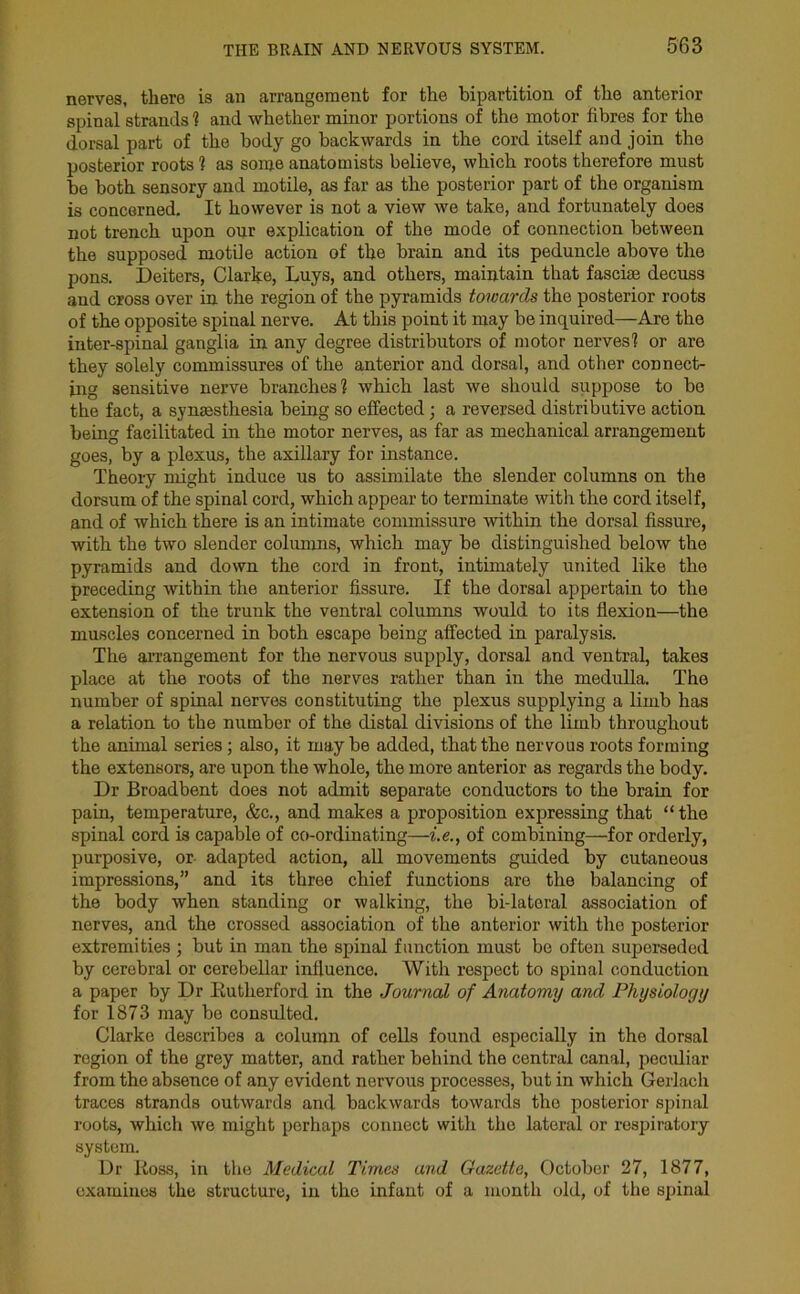 nerves, there is an arrangement for the bipartition of the anterior spinal strands ! and whether minor portions of the motor fibres for the dorsal part of the body go backwards in the cord itself and join the posterior roots ! as some anatomists believe, which roots therefore must be both sensory and motile, as far as the posterior part of the organism is concerned. It however is not a view we take, and fortunately does not trench upon our explication of the mode of connection between the supposed motile action of the brain and its peduncle above the pons. Deiters, Clarke, Luys, and others, maintain that fasciae decuss and cross over in the region of the pyramids towards the posterior roots of the opposite spinal nerve. At this point it may be inquired—Are the inter-spinal ganglia in any degree distributors of motor nerves! or are they solely commissures of the anterior and dorsal, and other connect- ing sensitive nerve branches! which last we should suppose to be the fact, a synaesthesia being so effected; a reversed distributive action being facilitated in the motor nerves, as far as mechanical arrangement goes, by a plexus, the axillary for instance. Theory might induce us to assimilate the slender columns on the dorsum of the spinal cord, which appear to terminate with the cord itself, and of which there is an intimate commissure within the dorsal fissure, with the two slender columns, which may be distinguished below the pyramids and down the cord in front, intimately united like the preceding within the anterior fissure. If the dorsal appertain to the extension of the trunk the ventral columns would to its flexion—the muscles concerned in both escape being affected in paralysis. The arrangement for the nervous supply, dorsal and ventral, takes place at the roots of the nerves rather than in the medulla. The number of spinal nerves constituting the plexus supplying a limb has a relation to the number of the distal divisions of the limb throughout the animal series; also, it maybe added, that the nervous roots forming the extensors, are upon the whole, the more anterior as regards the body. Dr Broadbent does not admit separate conductors to the brain for pain, temperature, &c., and makes a proposition expressing that “the spinal cord is capable of co-ordinating—i.e., of combining—for orderly, purposive, or adapted action, all movements guided by cutaneous impressions,” and its three chief functions are the balancing of the body when standing or walking, the bi-lateral association of nerves, and the crossed association of the anterior with the posterior extremities ; but in man the spinal function must be often superseded by cerebral or cerebellar influence. With respect to spinal conduction a paper by Dr Rutherford in the Journal of Anatomy and Physiology for 1873 may be consulted. Clarke describes a column of cells found especially in the dorsal region of the grey matter, and rather behind the central canal, peculiar from the absence of any evident nervous processes, but in which Gerlach traces strands outwards and backwards towards the posterior spinal roots, which we might perhaps connect with the lateral or respiratory system. Dr Ross, in the Medical Times and Gazette, October 27, 1877, examines the structure, in the infant of a month old, of the spinal